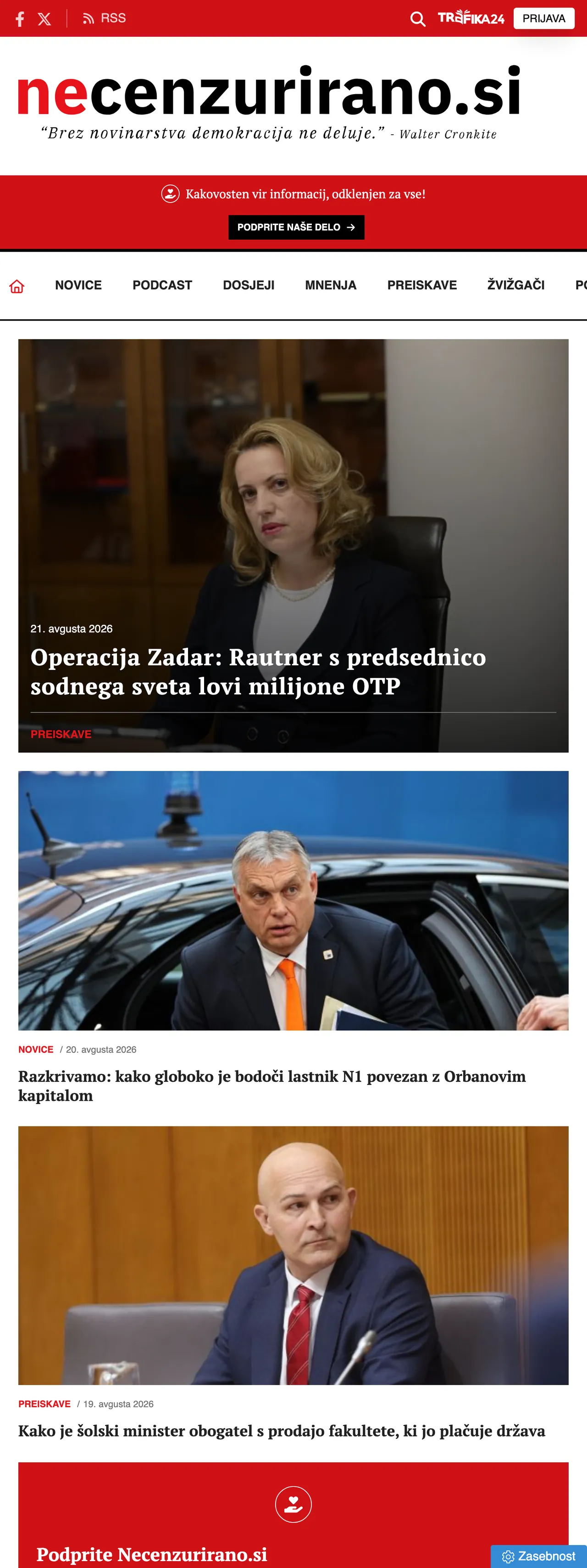 Screenshot of the Necenzurirano front page