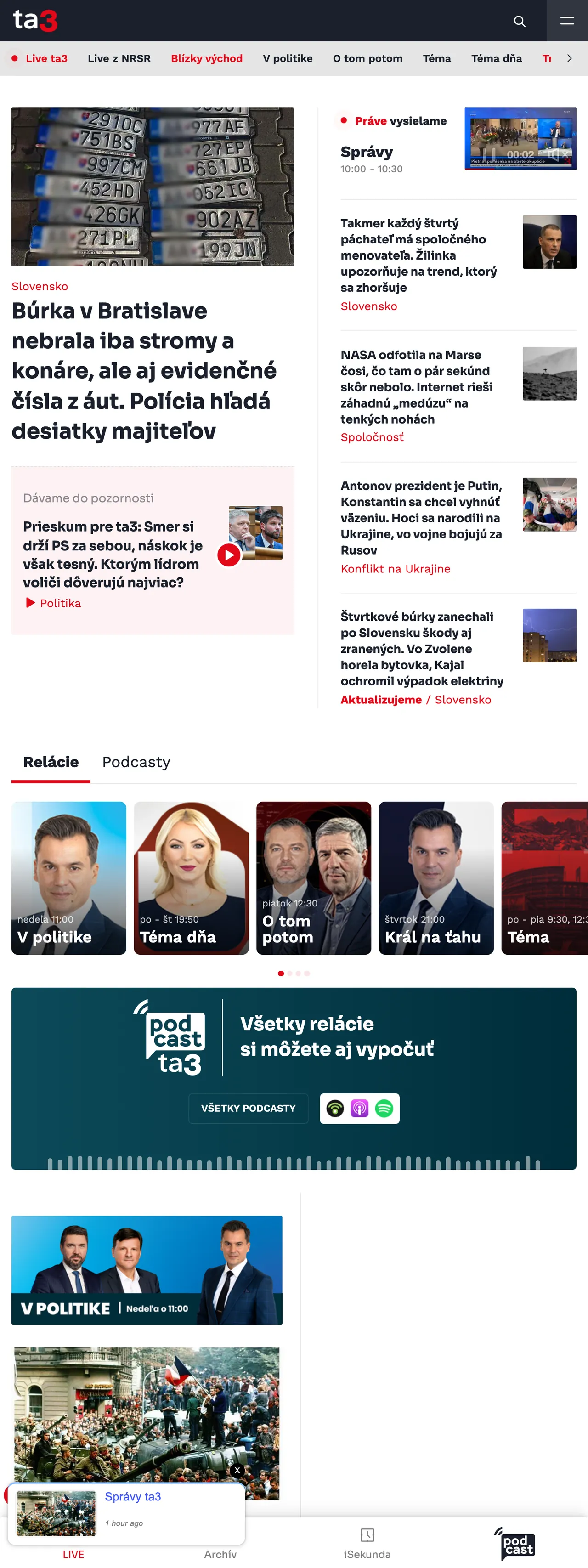 Screenshot of the TA3 front page
