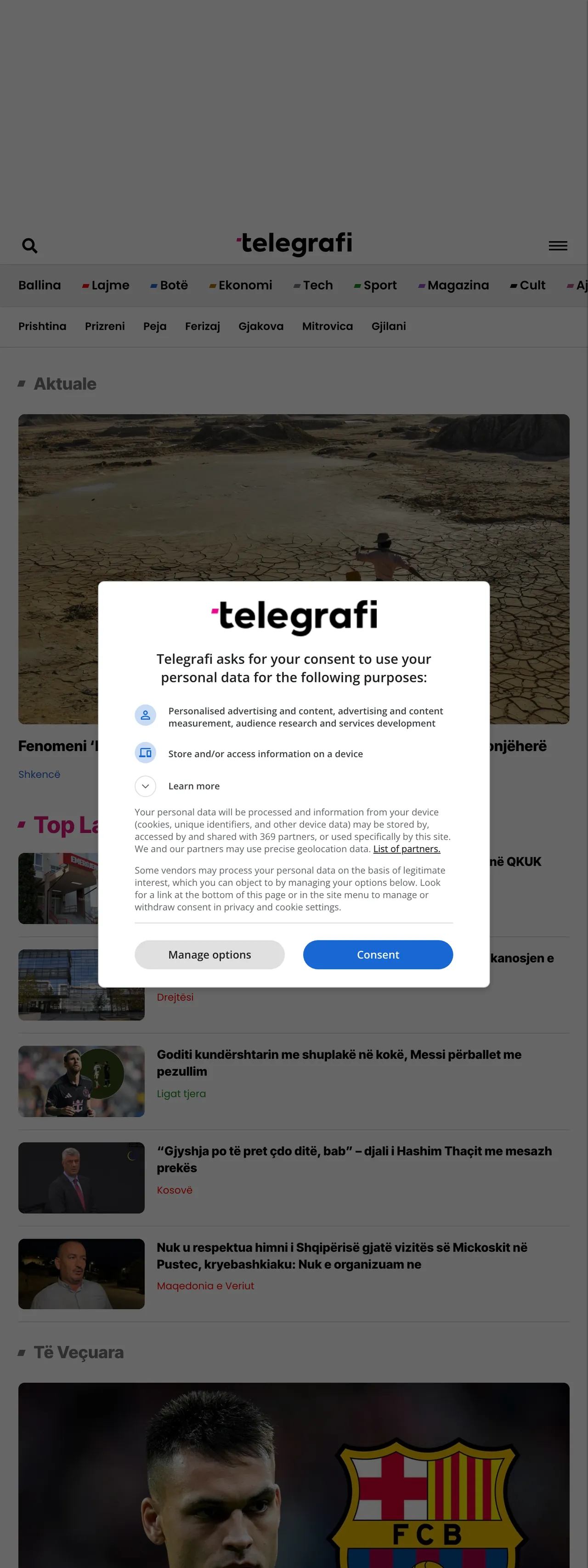 Screenshot of the Telegrafi front page