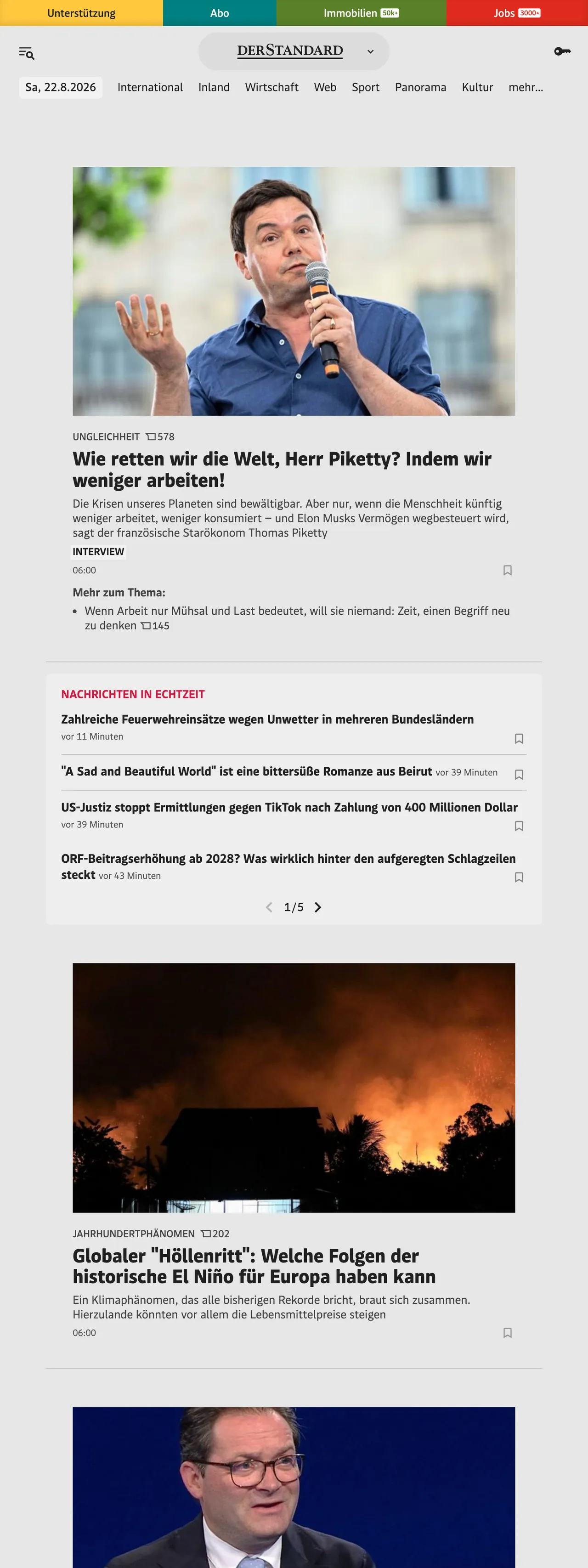 Screenshot of the DER STANDARD front page