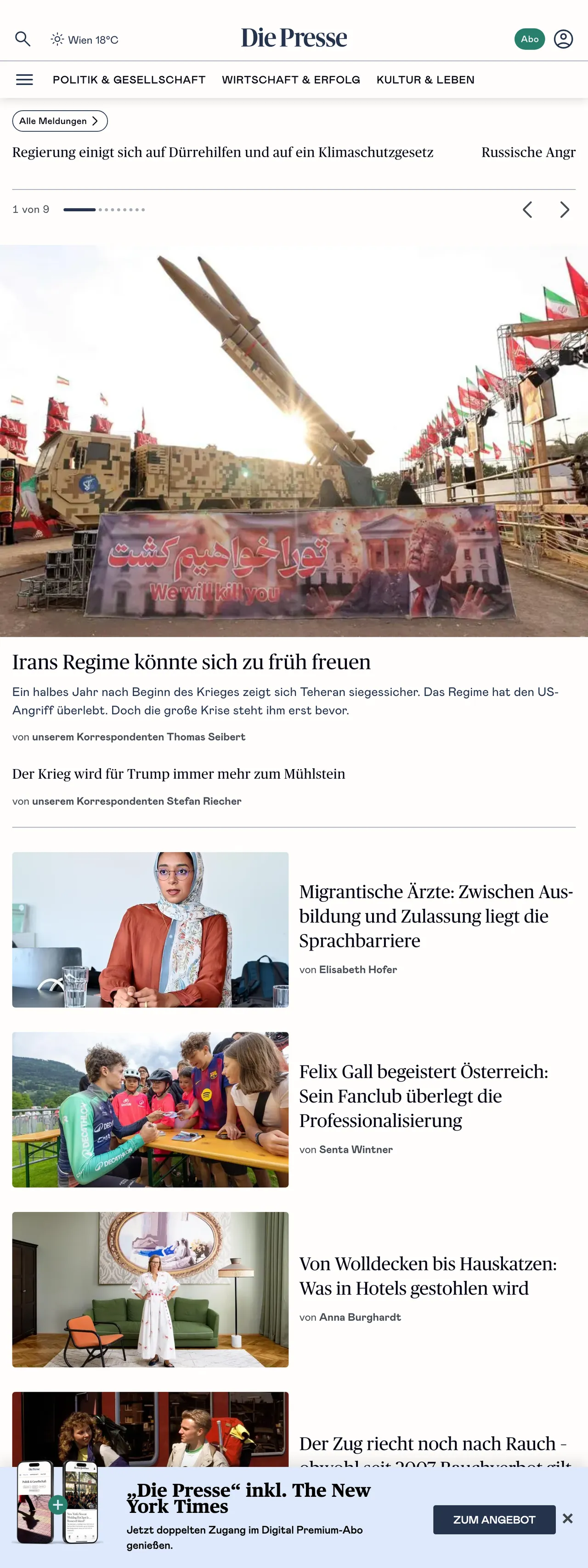 Screenshot of the Die Presse front page