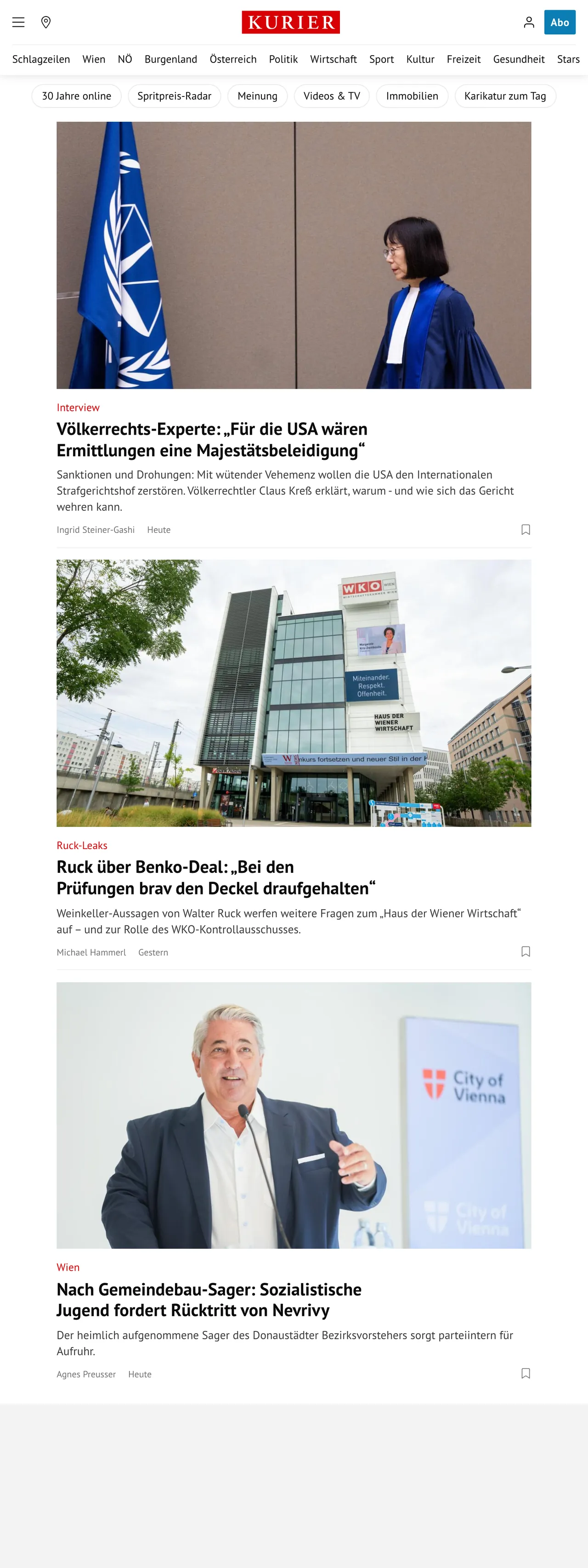 Screenshot of the Kurier front page