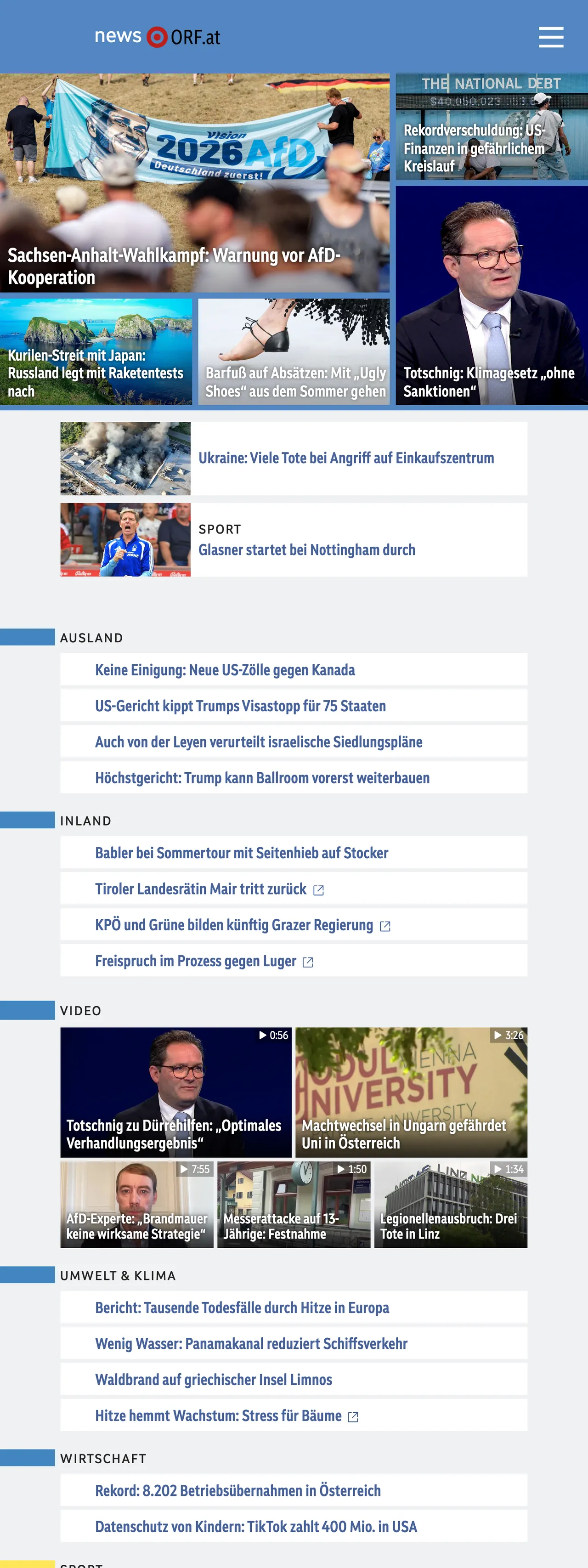Screenshot of the ORF front page