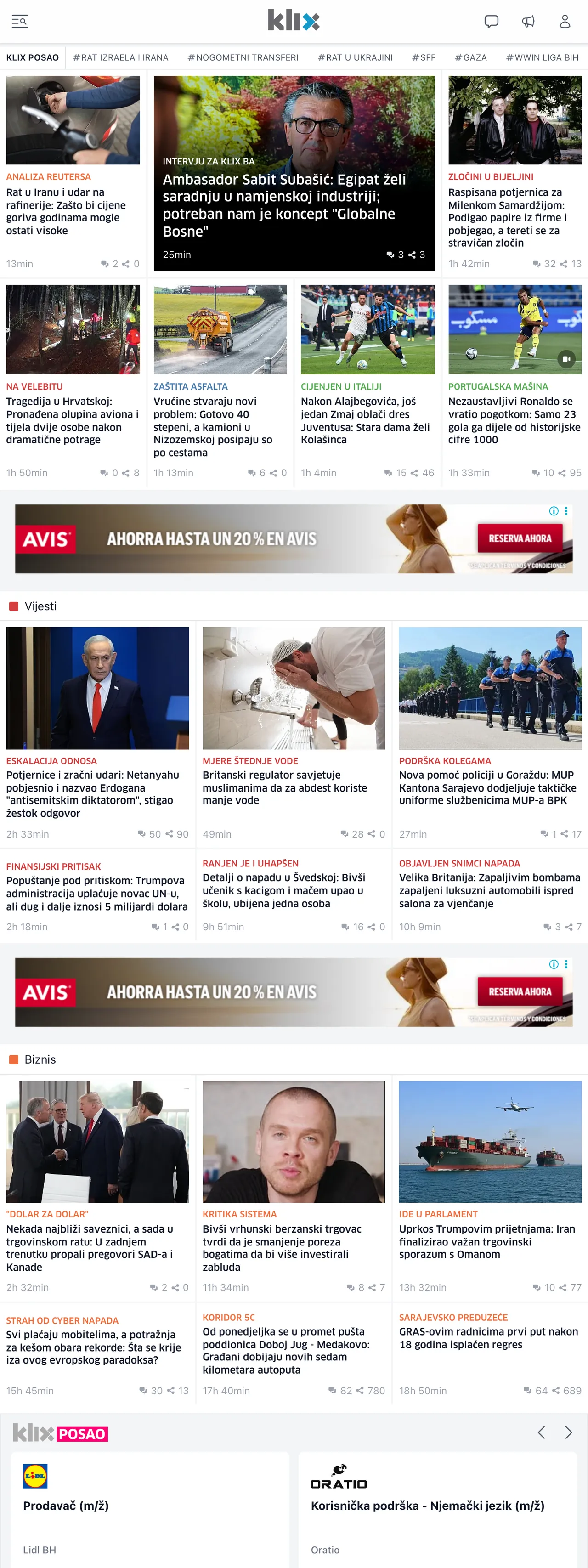 Screenshot of the Klix.ba front page