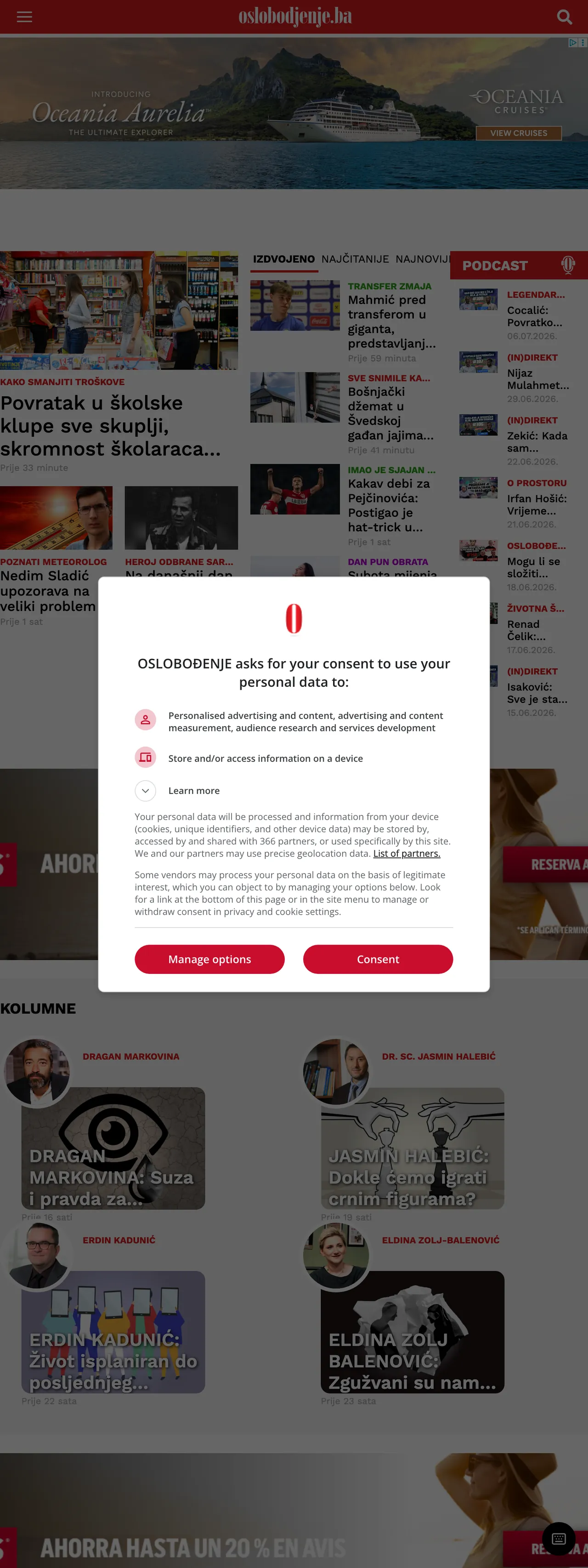 Screenshot of the Oslobođenje front page