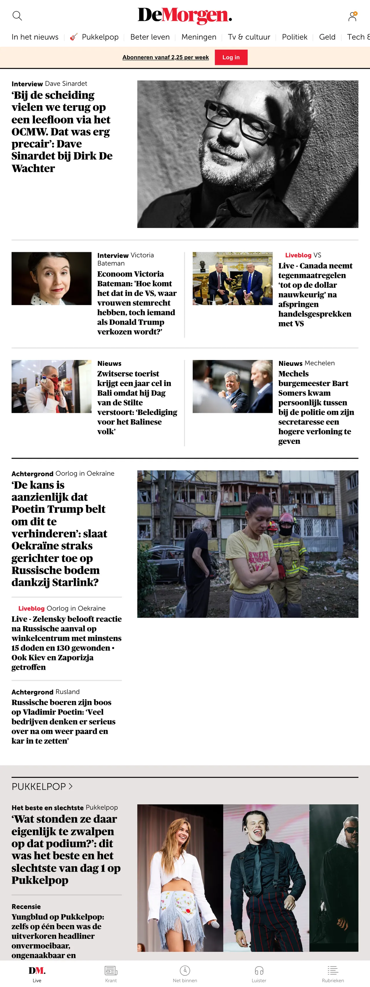 Screenshot of the De Morgen front page