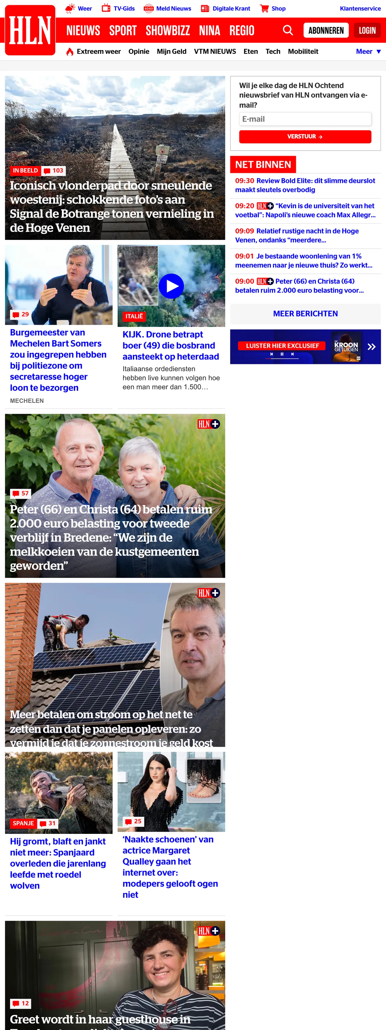 Screenshot of the HLN front page
