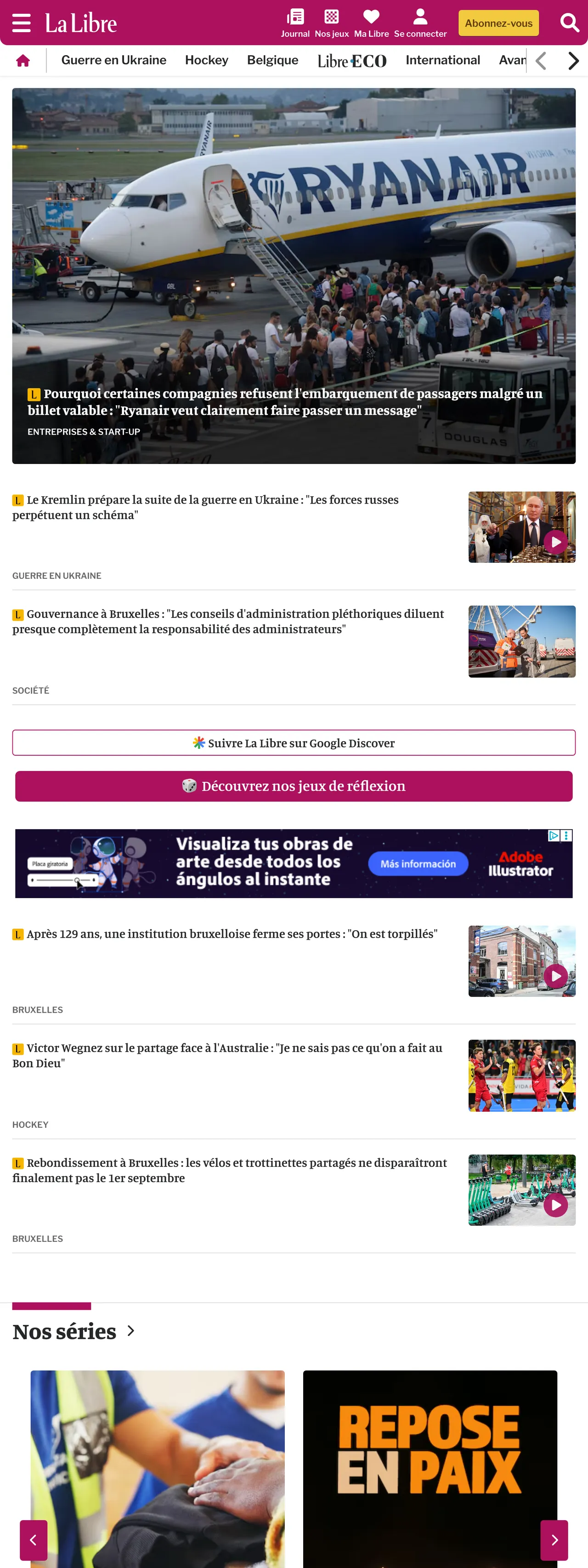 Screenshot of the La Libre front page