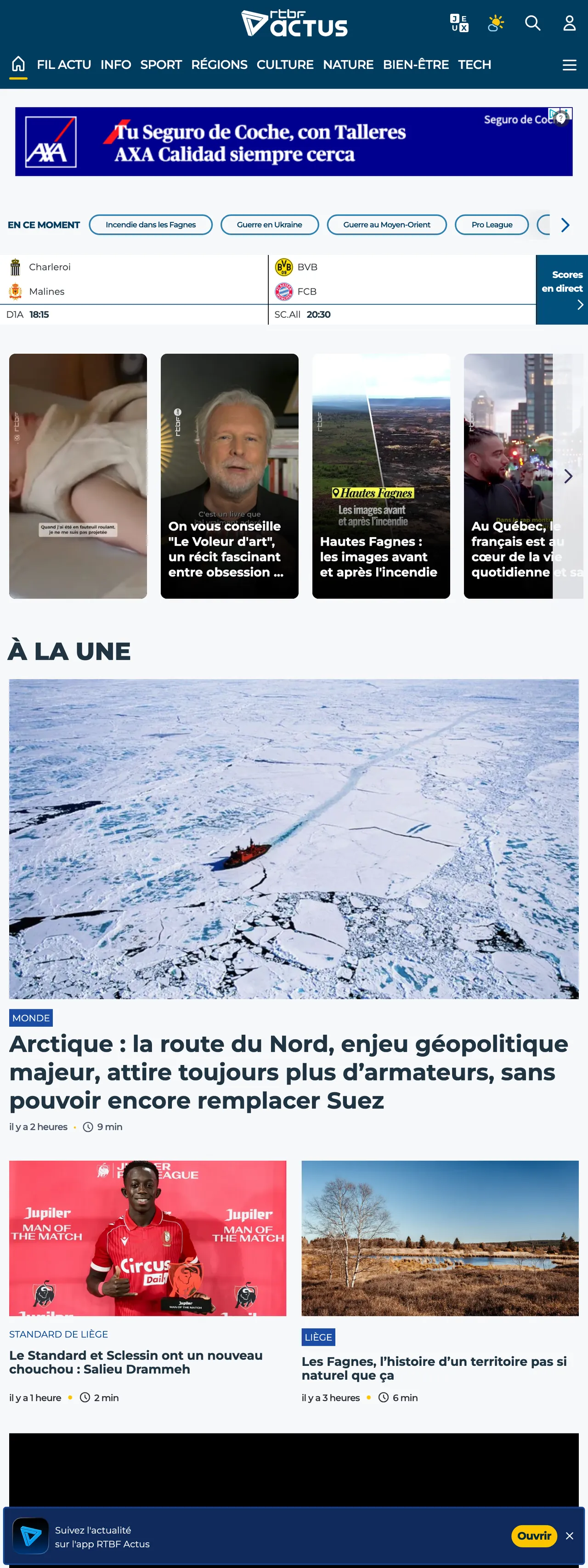 Screenshot of the RTBF front page