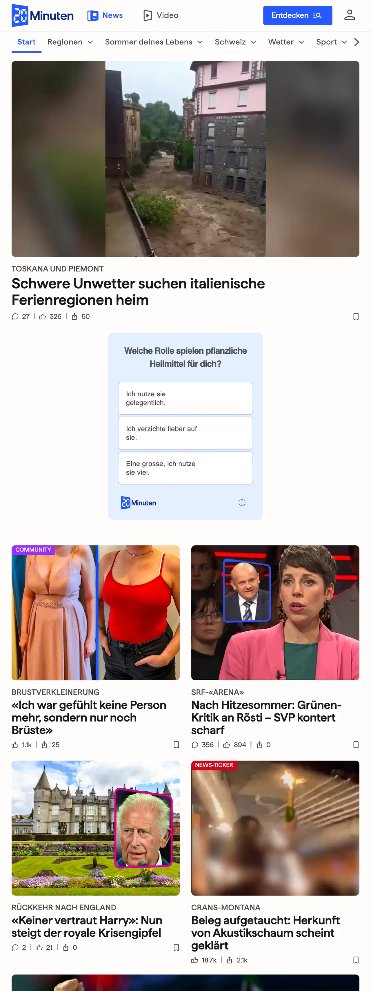 Screenshot of the 20 Minuten front page
