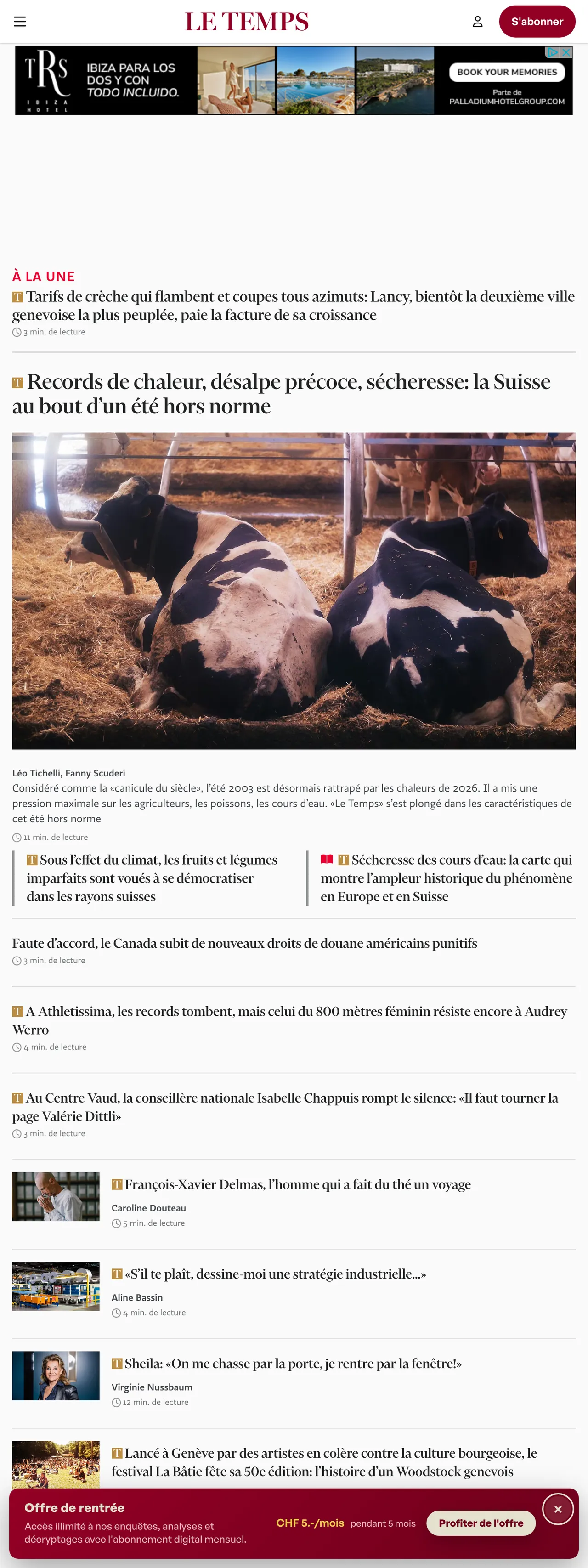 Screenshot of the Le Temps front page