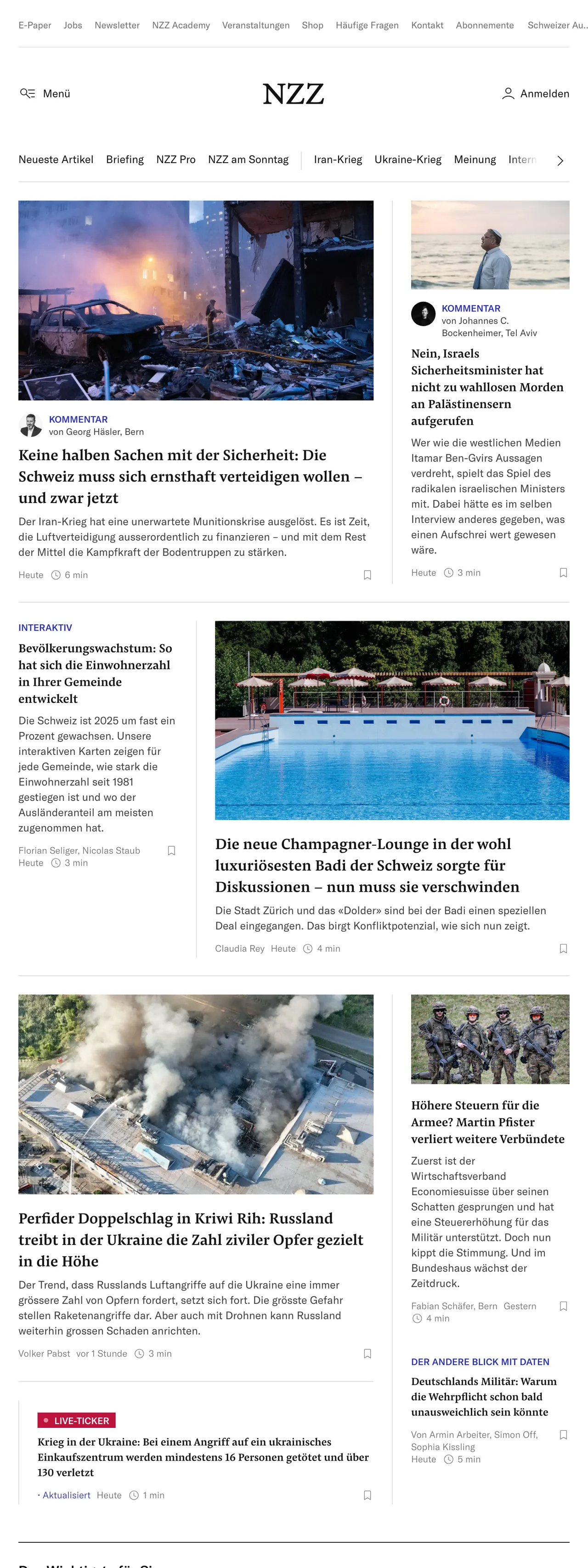 Screenshot of the Neue Zürcher Zeitung front page