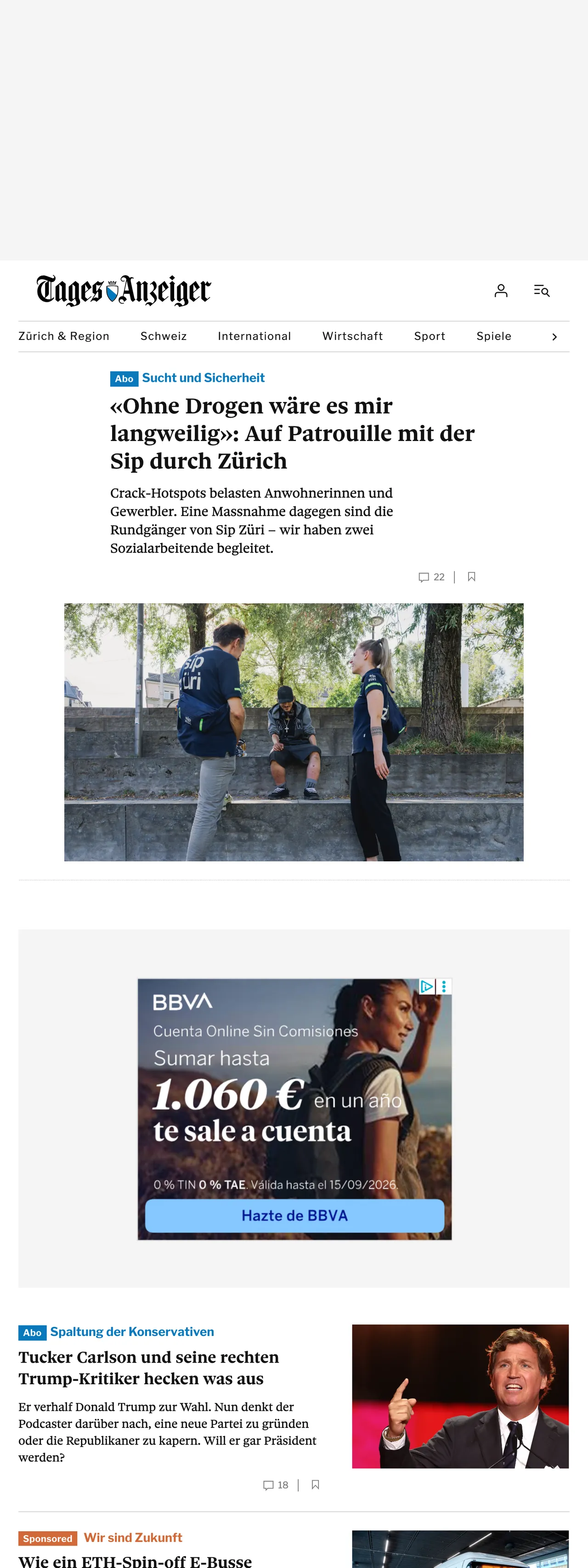 Screenshot of the Tages-Anzeiger front page