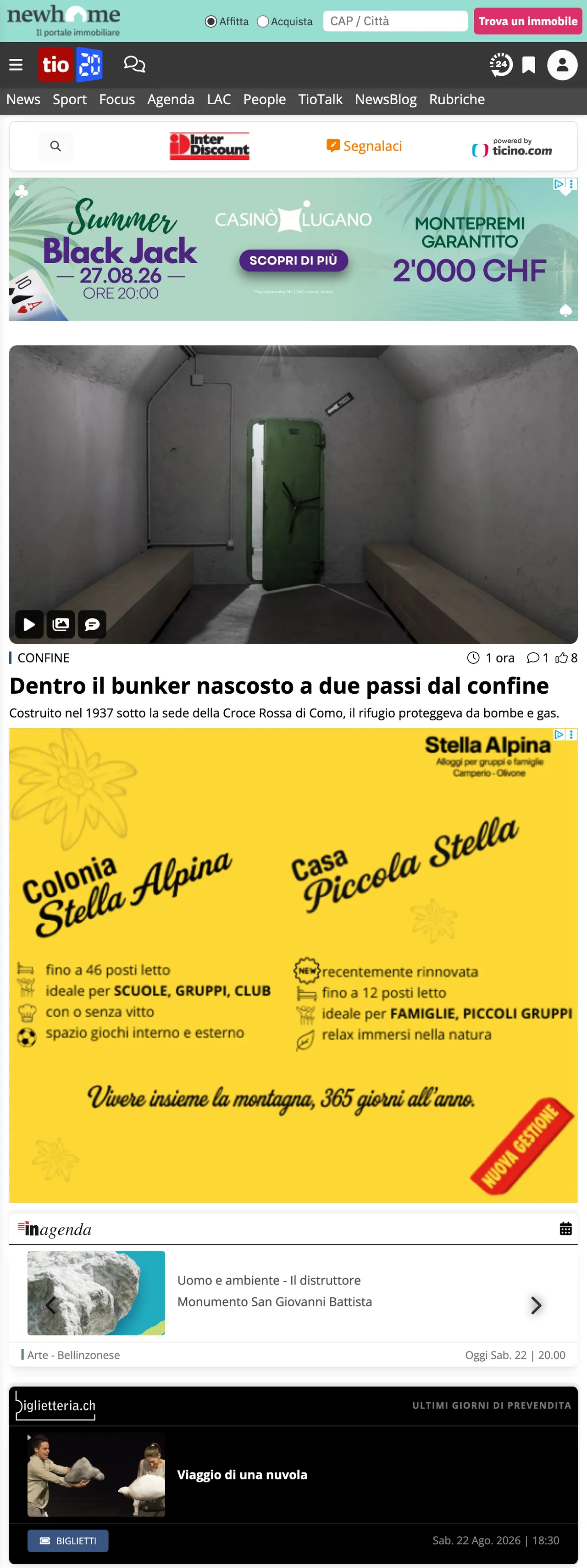 Screenshot of the Ticinonline front page
