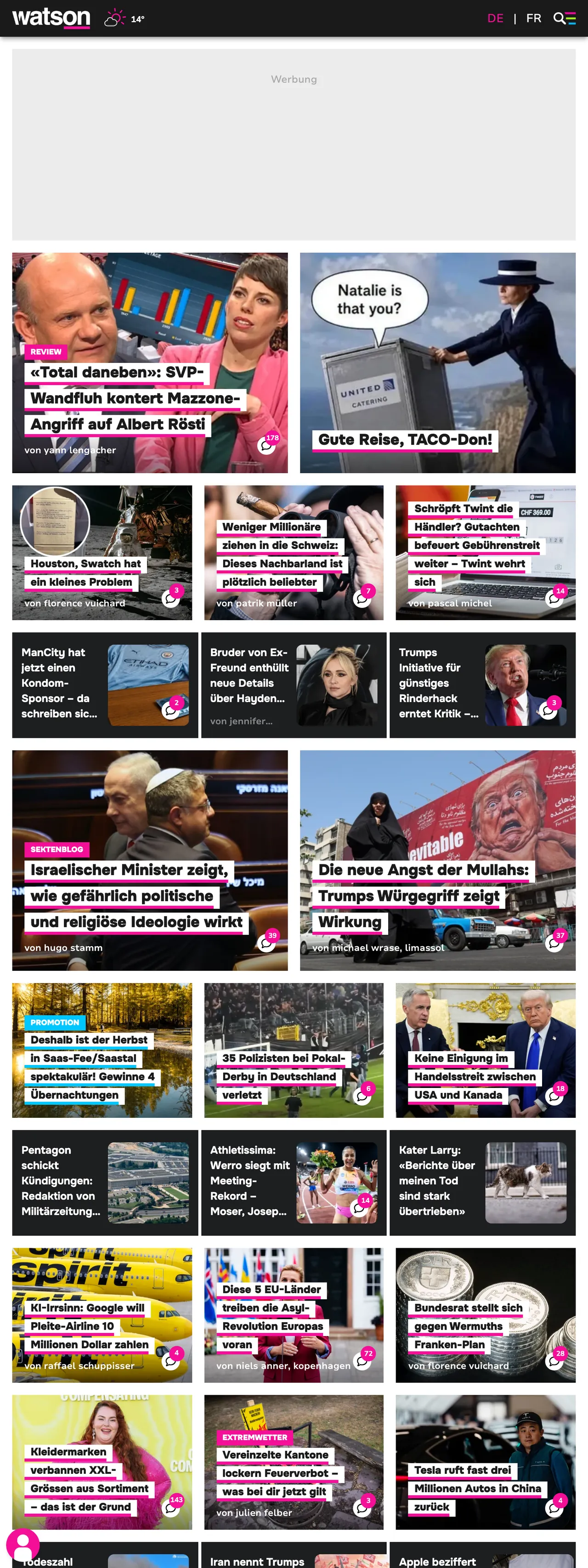 Screenshot of the watson front page