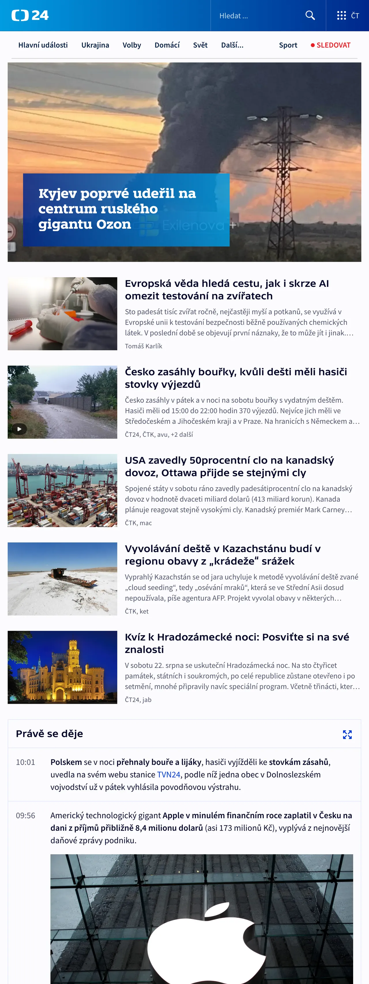 Screenshot of the ČT24 front page