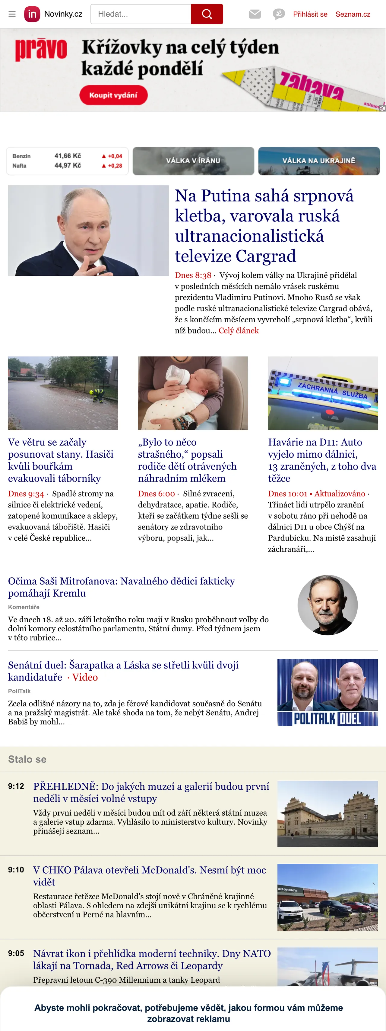 Screenshot of the Novinky.cz front page