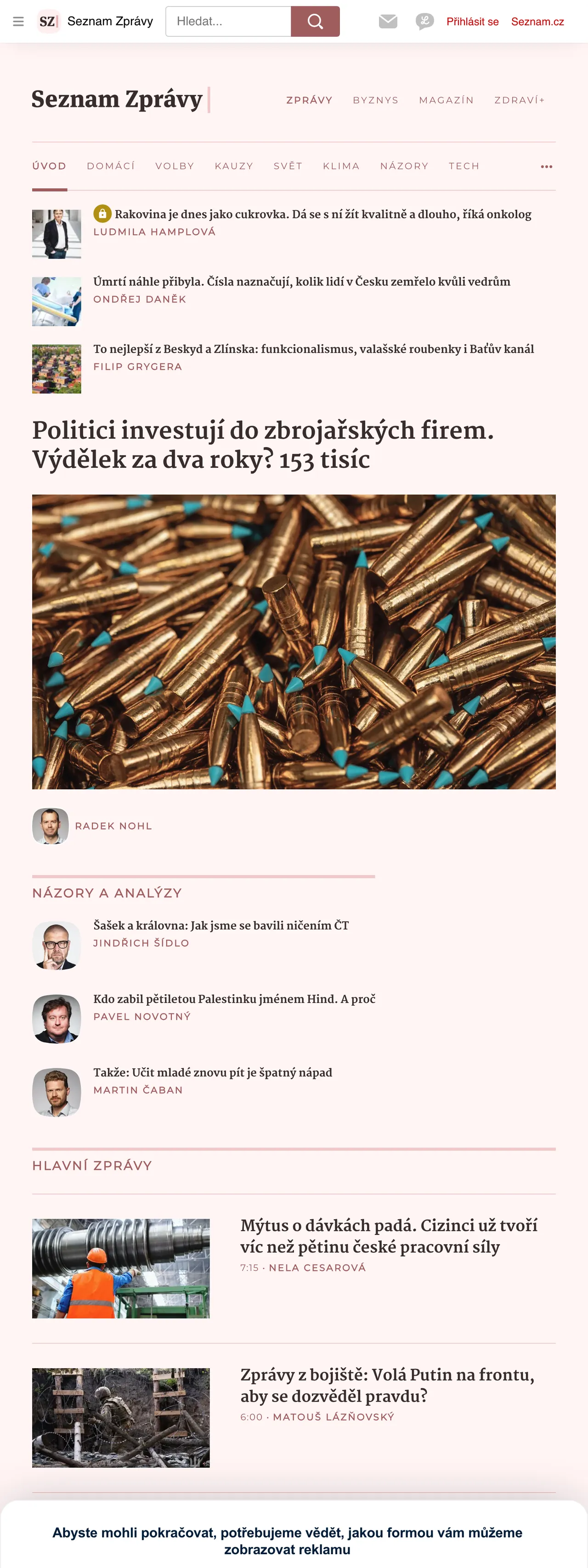 Screenshot of the Seznam Zprávy front page