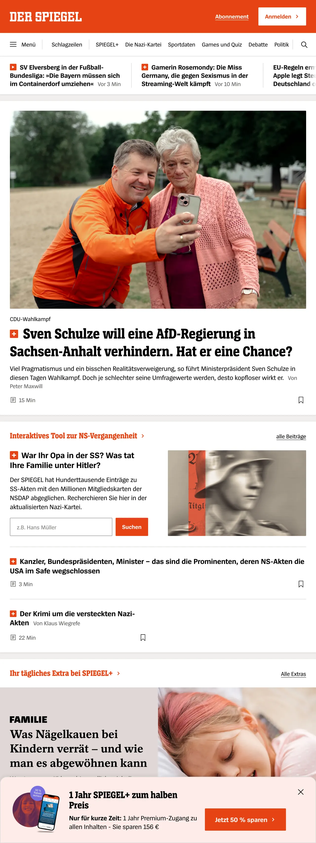 Screenshot of the DER SPIEGEL front page