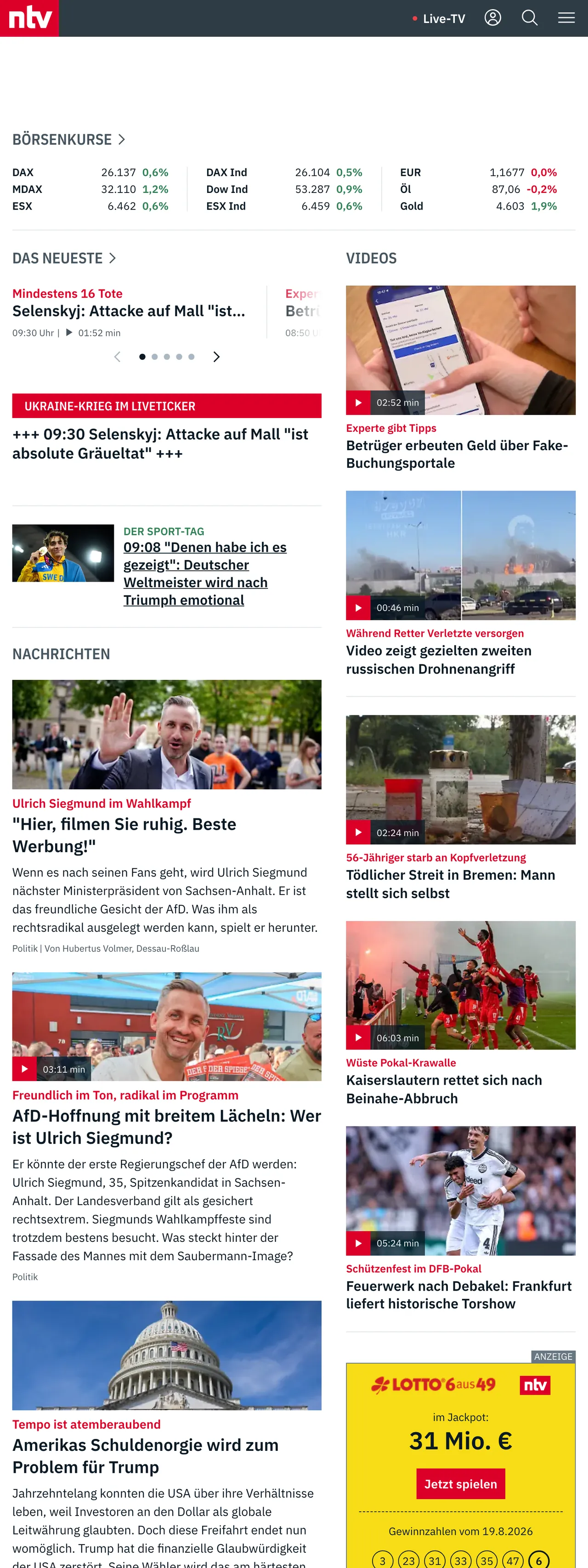 Screenshot of the n-tv front page