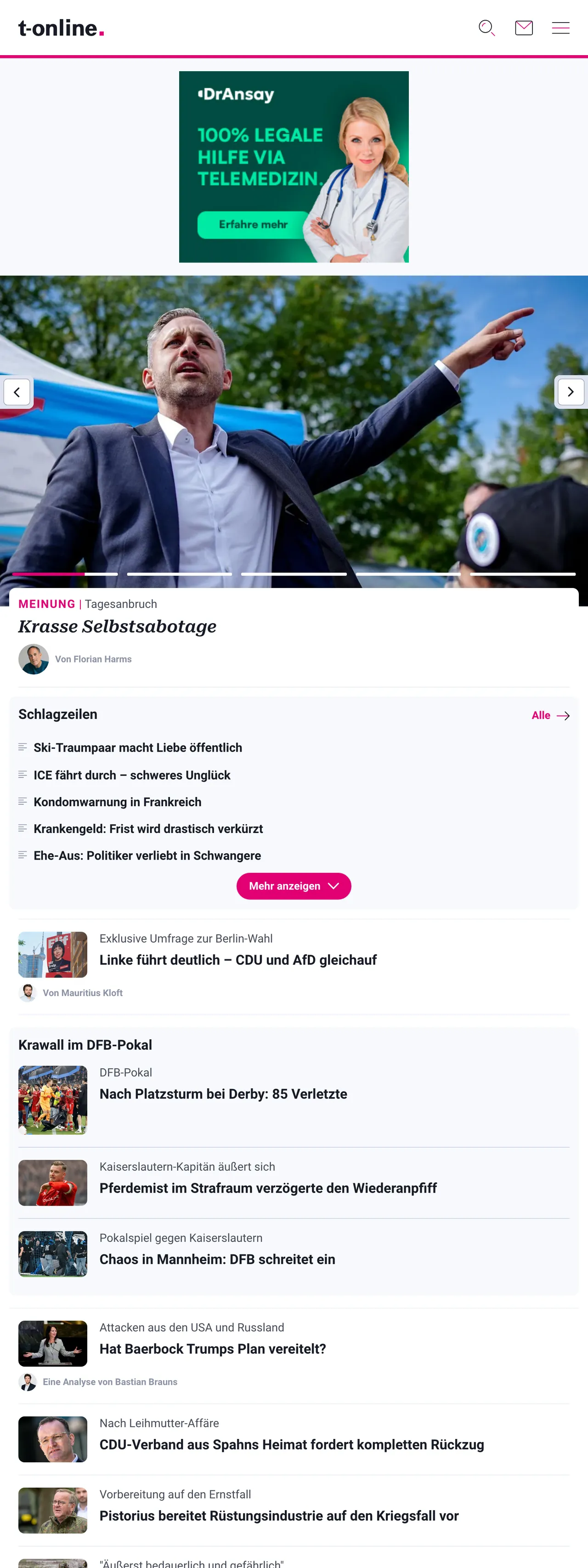 Screenshot of the t-online front page