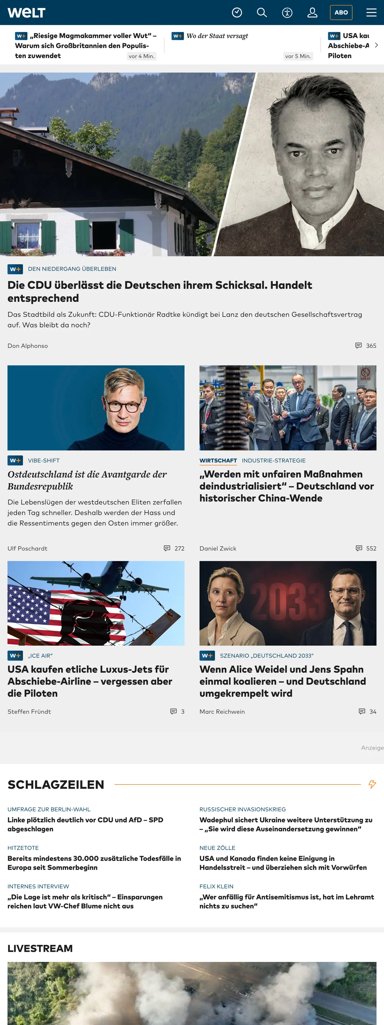 Screenshot of the WELT front page
