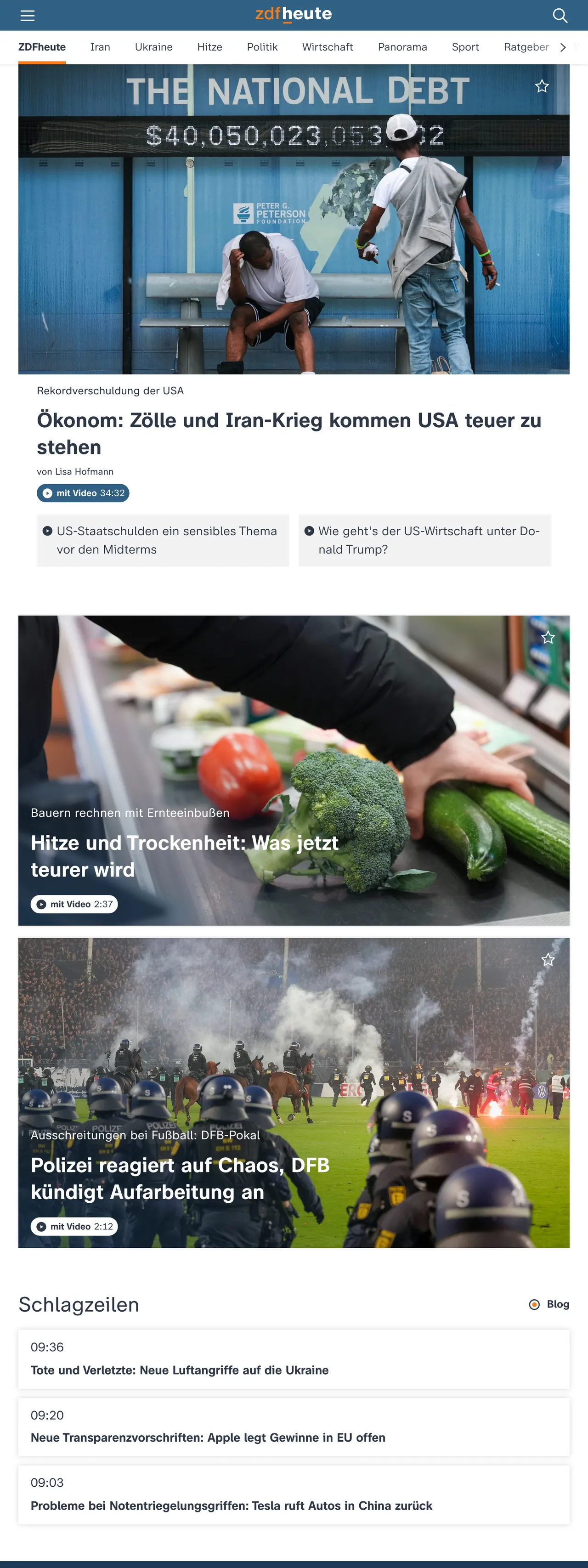 Screenshot of the ZDFheute front page