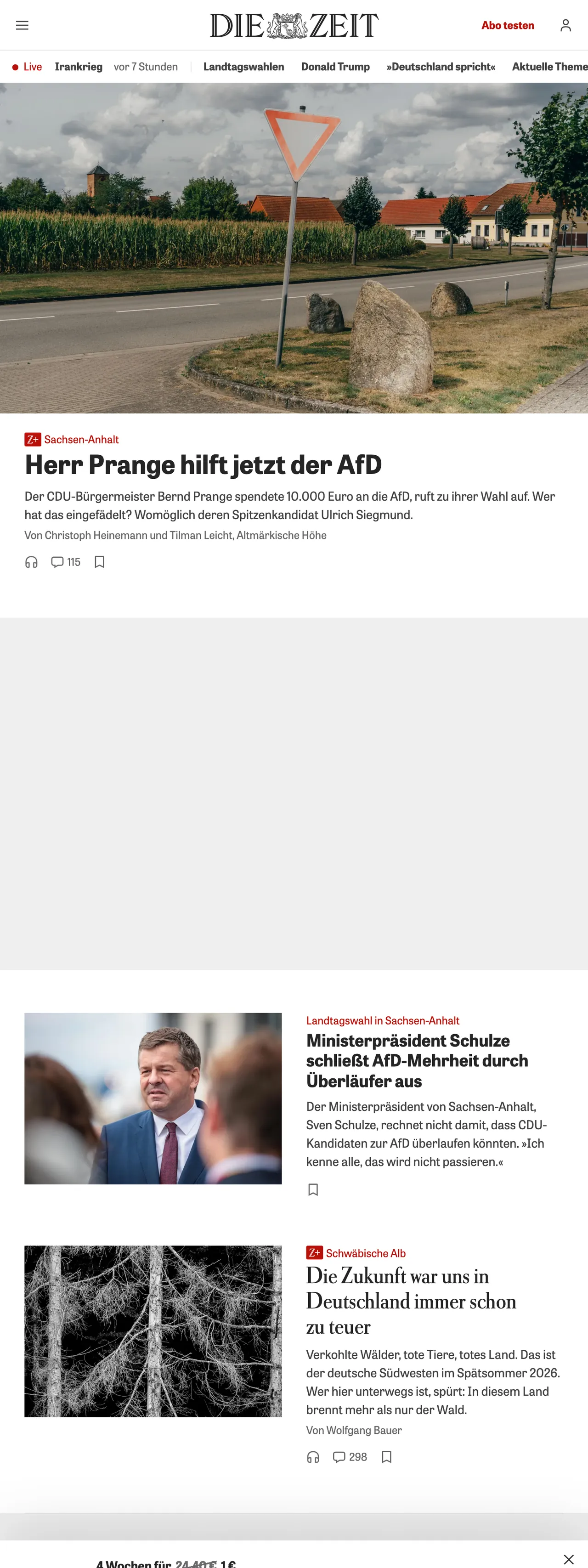 Screenshot of the ZEIT ONLINE front page