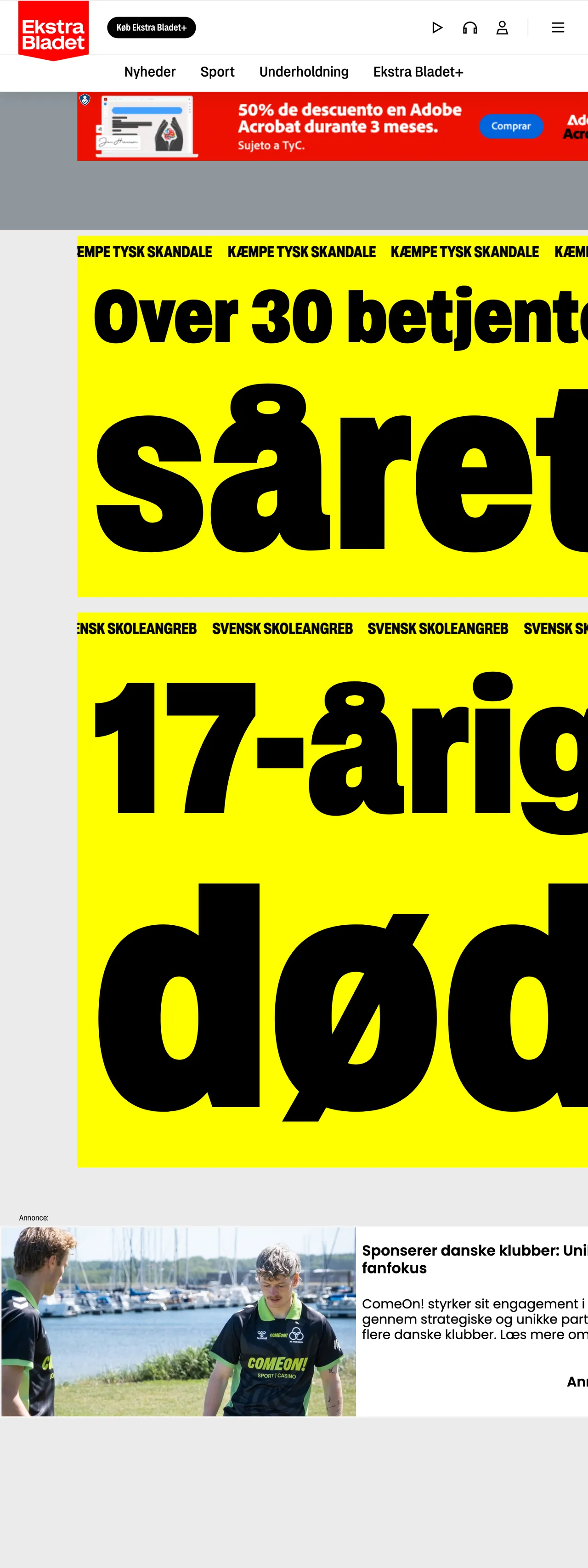 Screenshot of the Ekstra Bladet front page