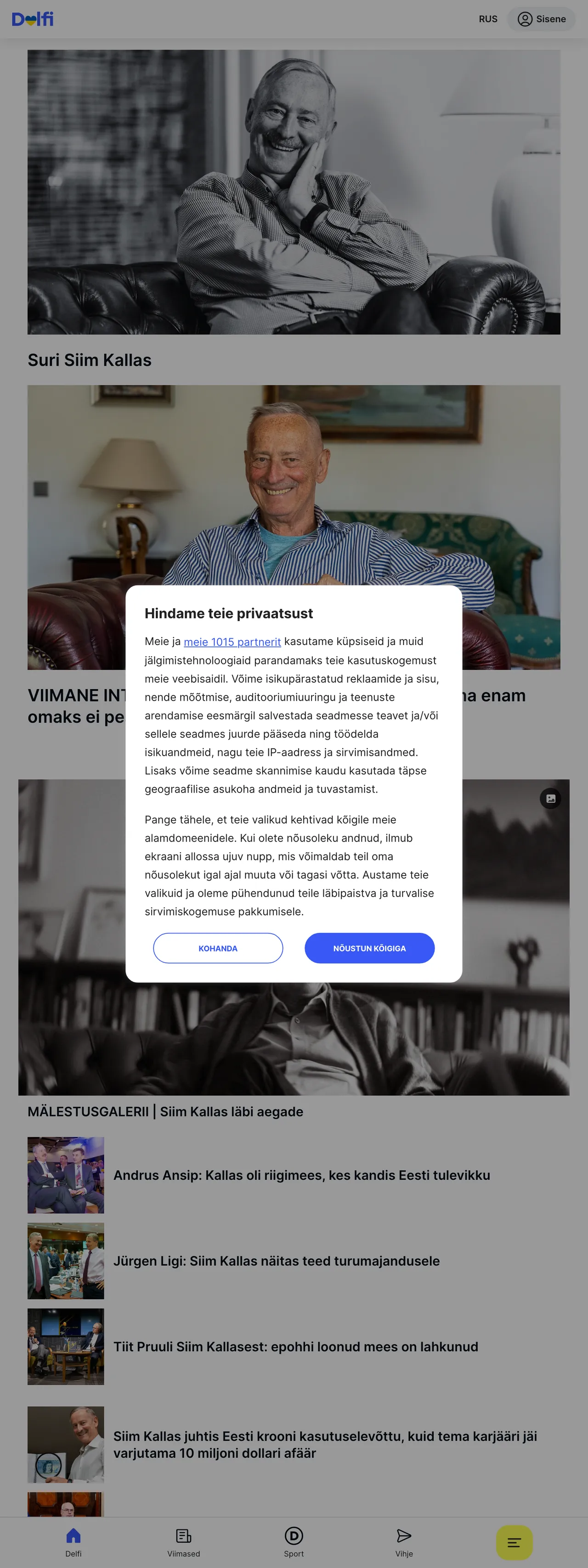 Screenshot of the Delfi front page