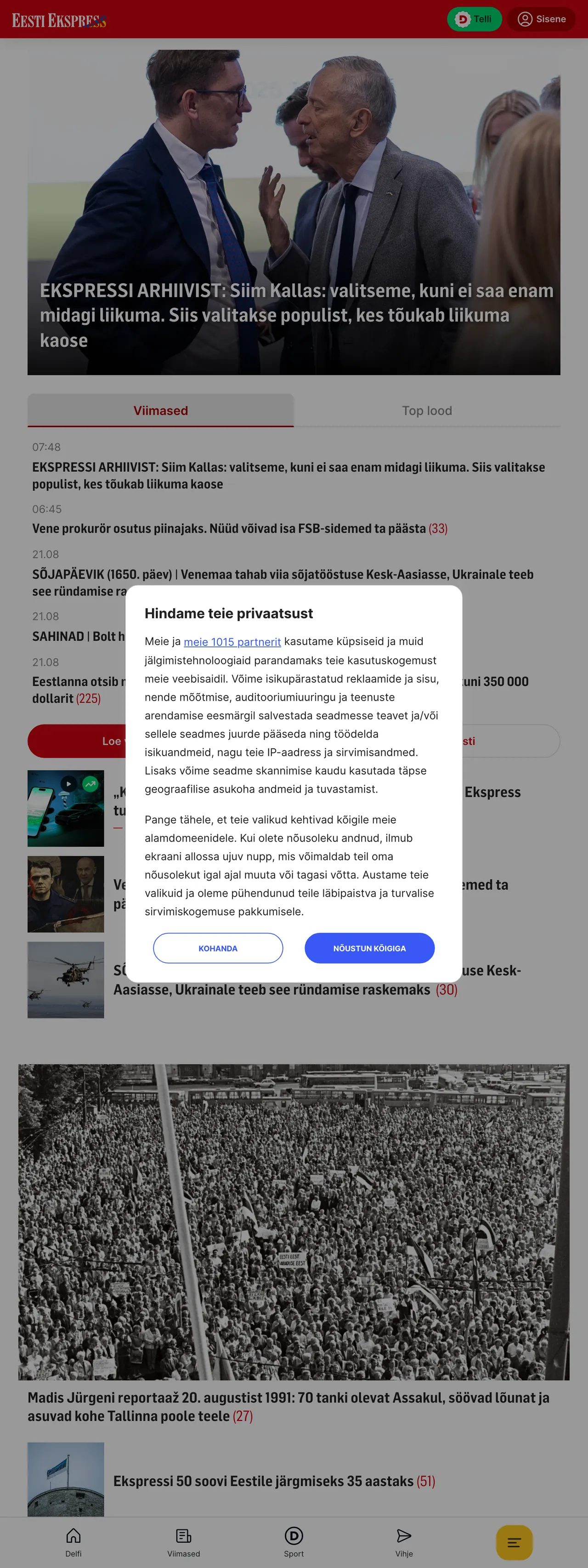 Screenshot of the Eesti Ekspress front page