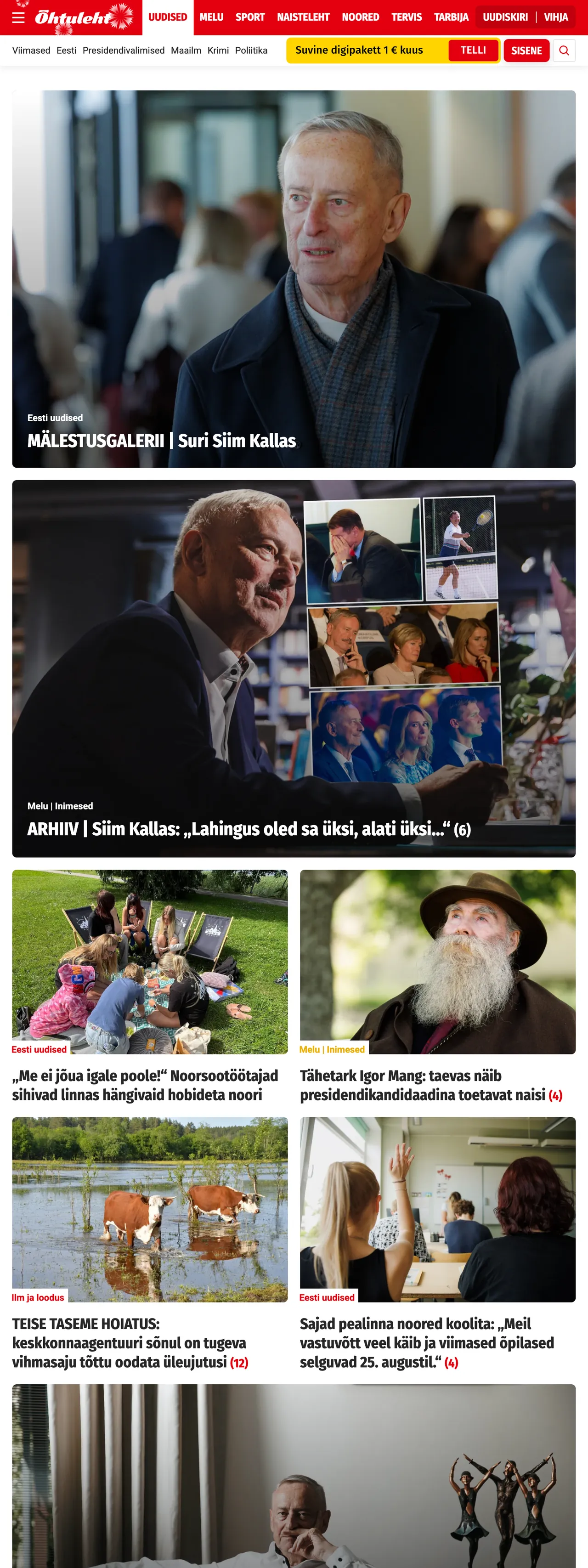 Screenshot of the Õhtuleht front page