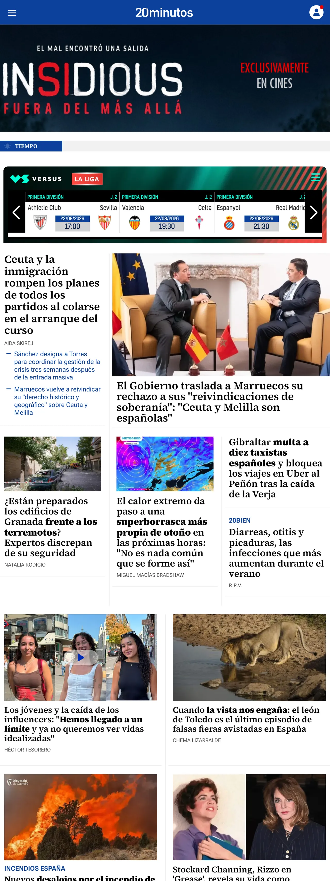 Screenshot of the 20minutos front page