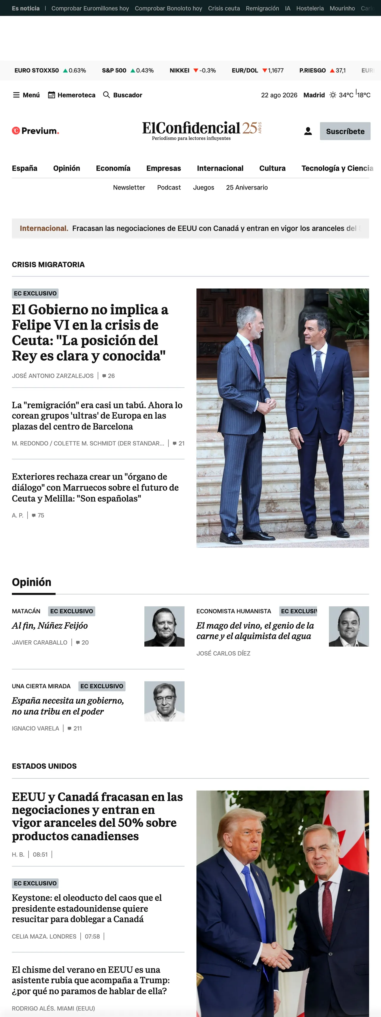 Screenshot of the El Confidencial front page