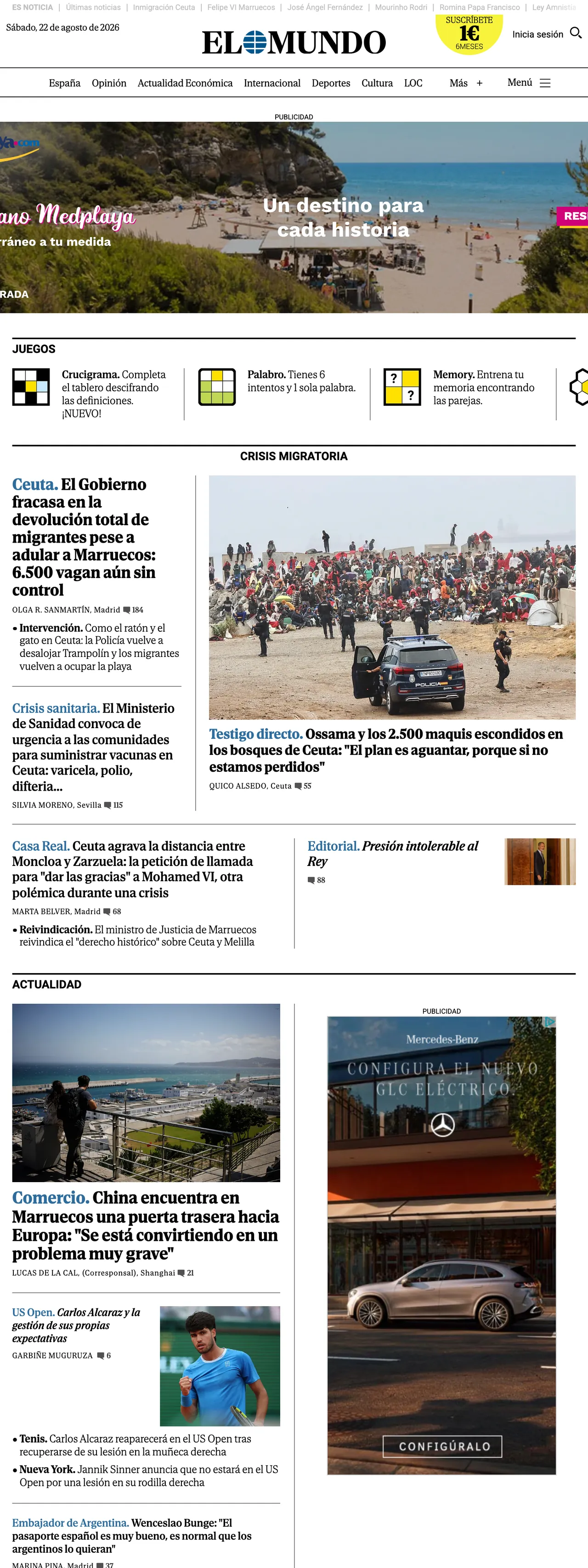 Screenshot of the El Mundo front page