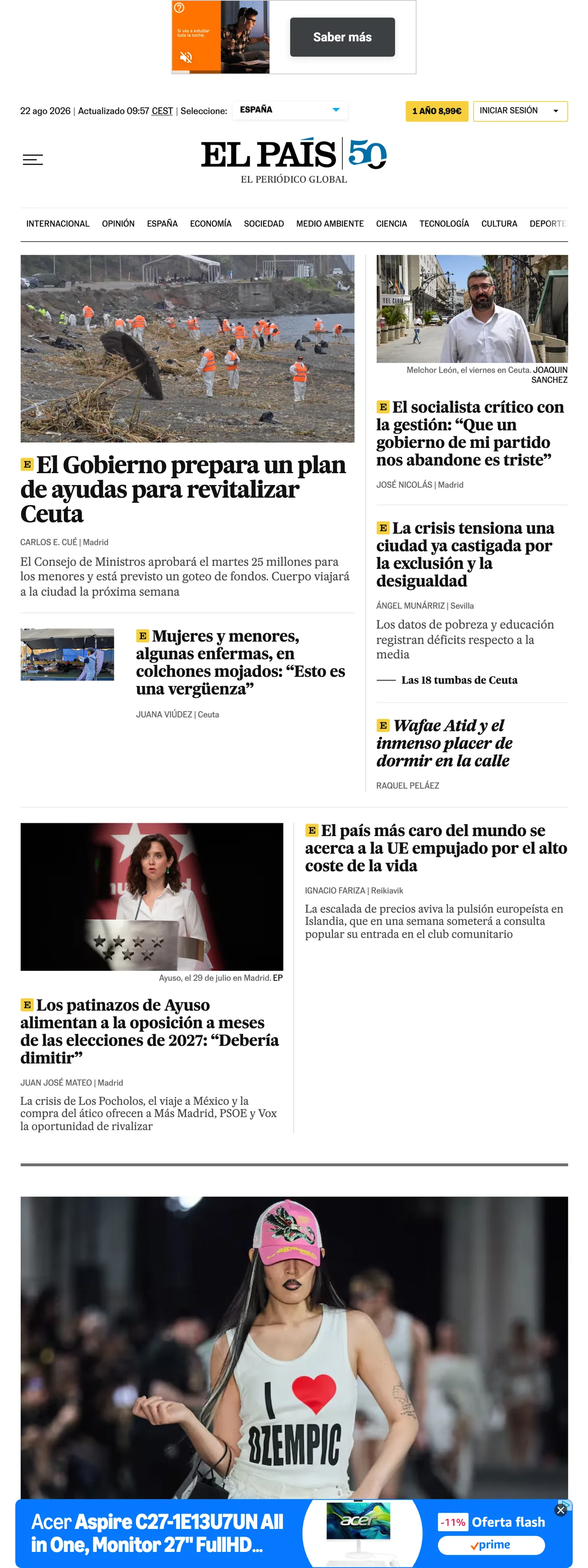 Screenshot of the EL PAÍS front page
