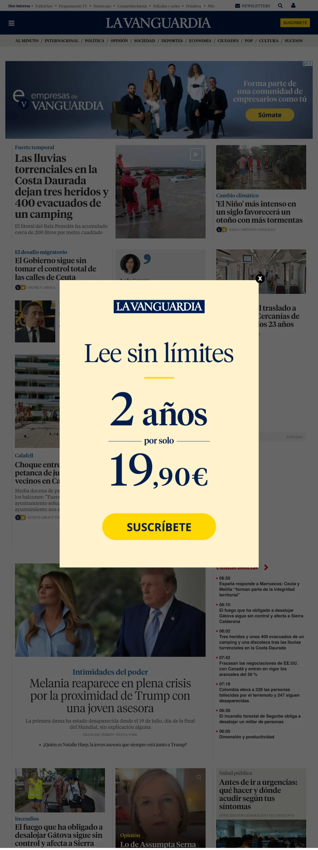 Screenshot of the La Vanguardia front page