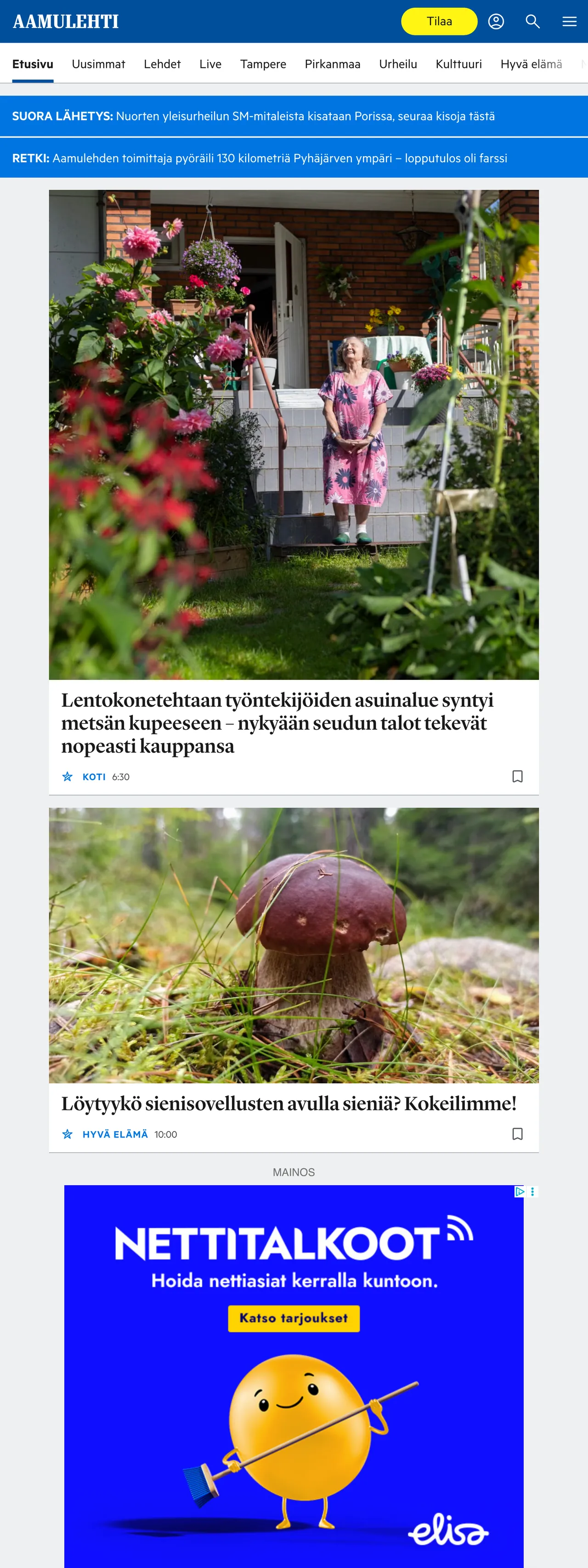 Screenshot of the Aamulehti front page