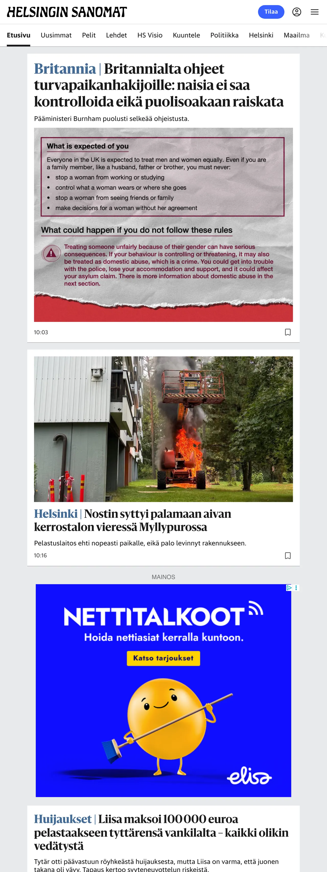 Screenshot of the Helsingin Sanomat front page