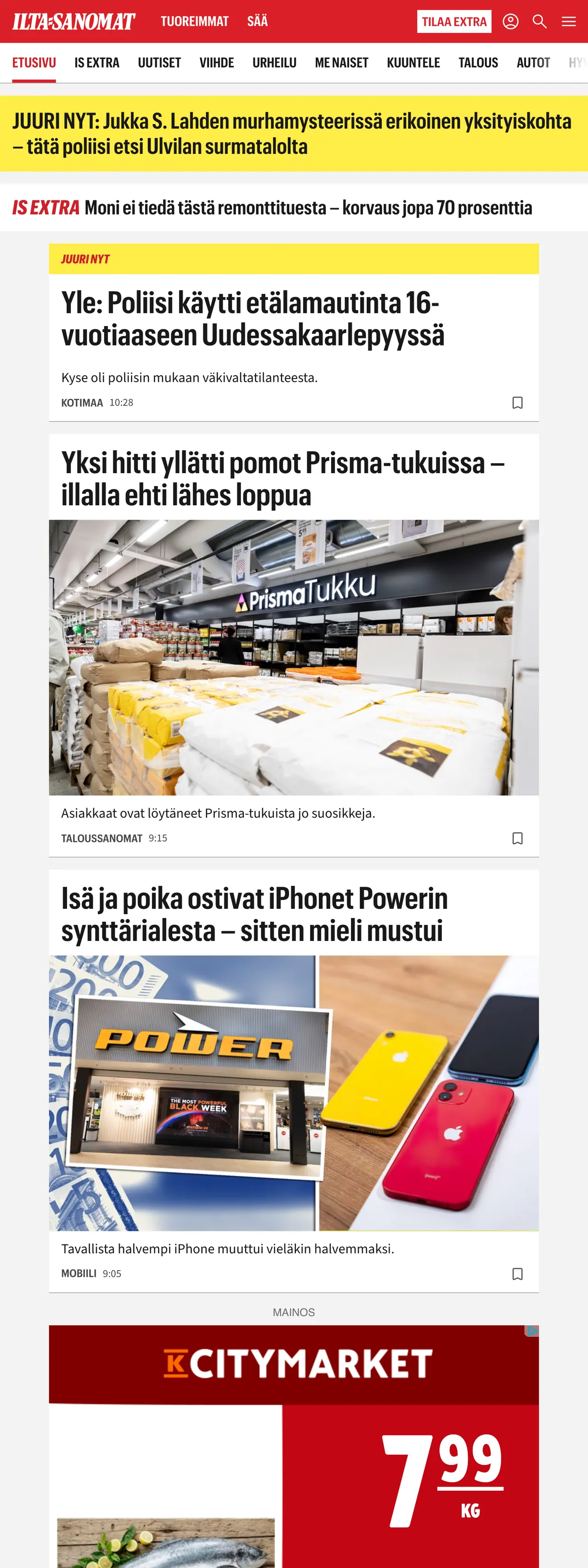 Screenshot of the Ilta-Sanomat front page