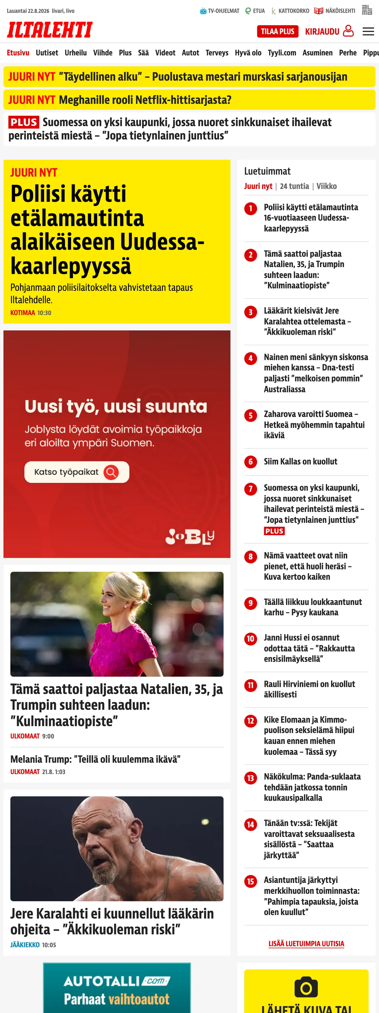 Screenshot of the Iltalehti front page