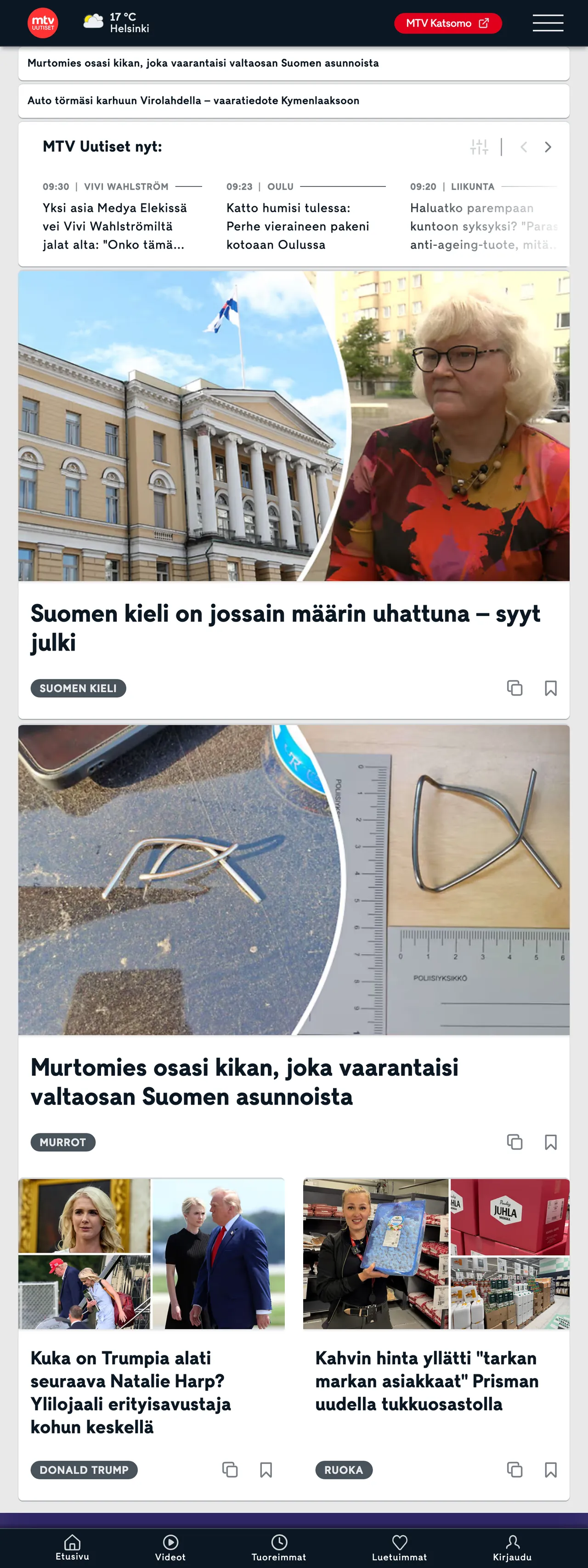 Screenshot of the MTV Uutiset front page