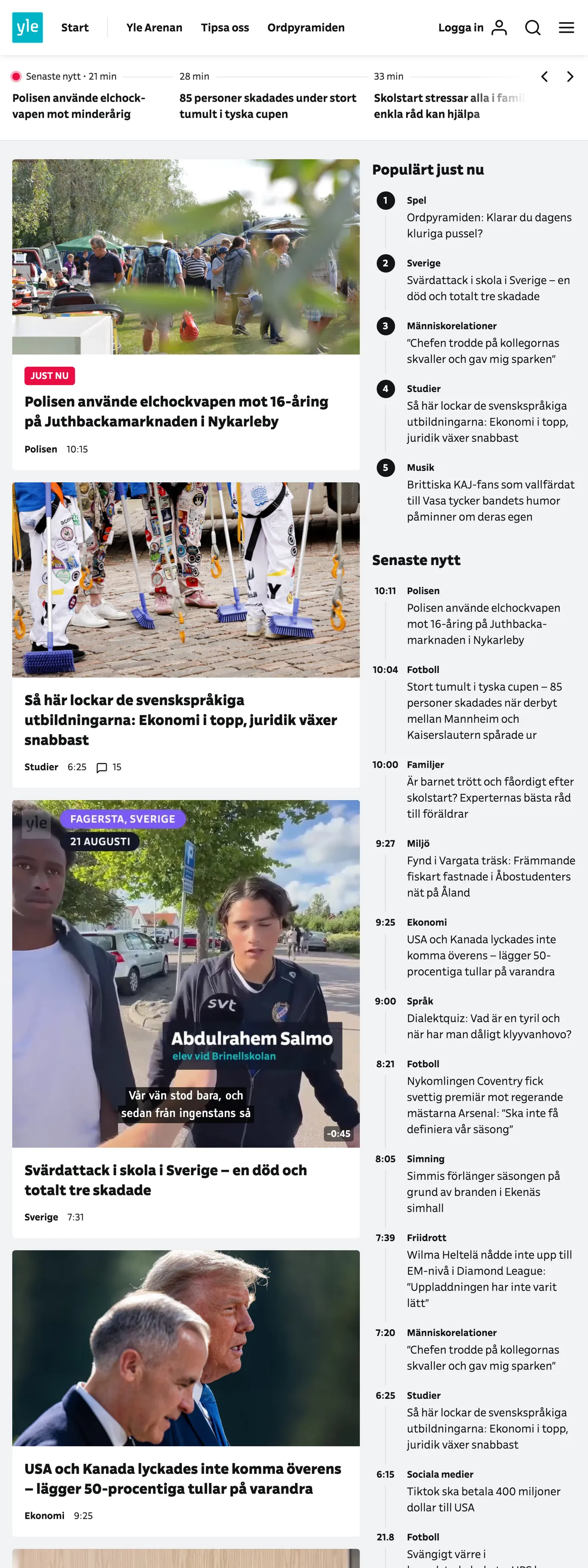 Screenshot of the Svenska Yle front page