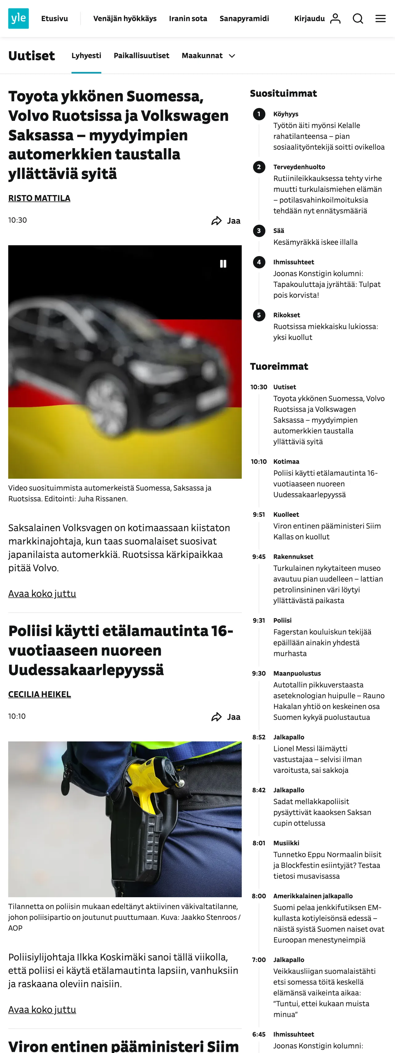 Screenshot of the Yle front page