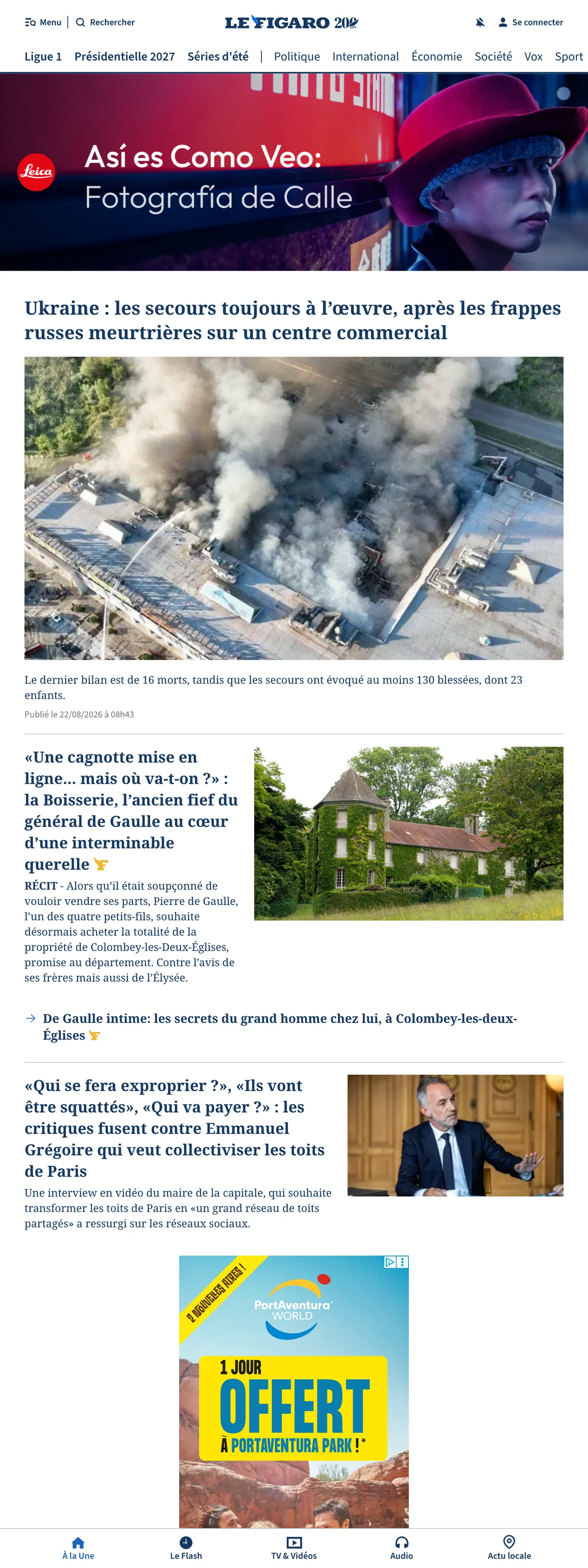 Screenshot of the Le Figaro front page