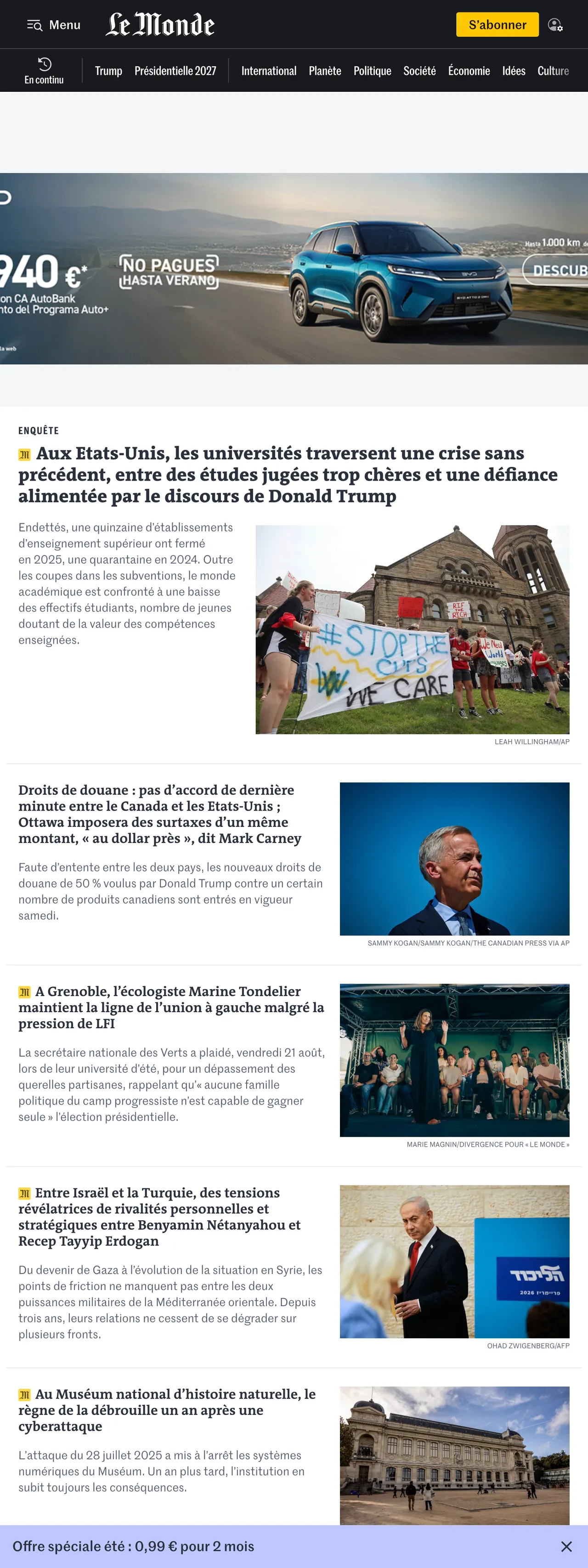 Screenshot of the Le Monde front page