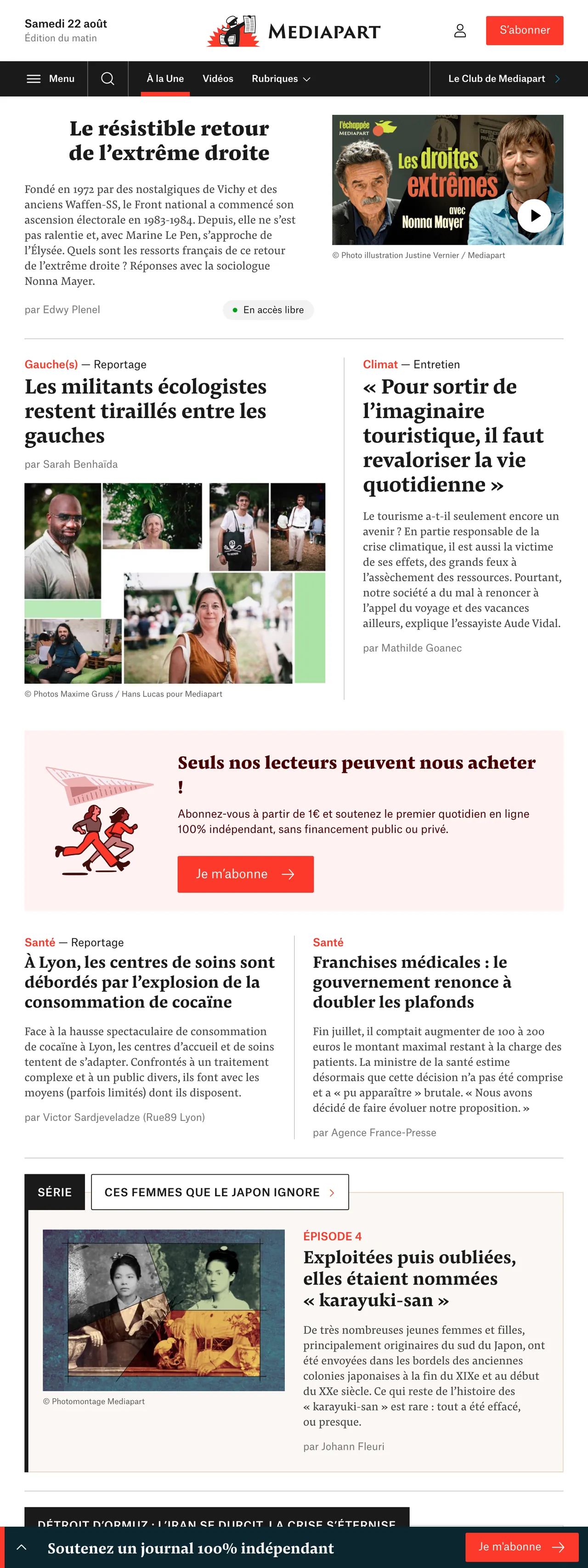 Screenshot of the Mediapart front page