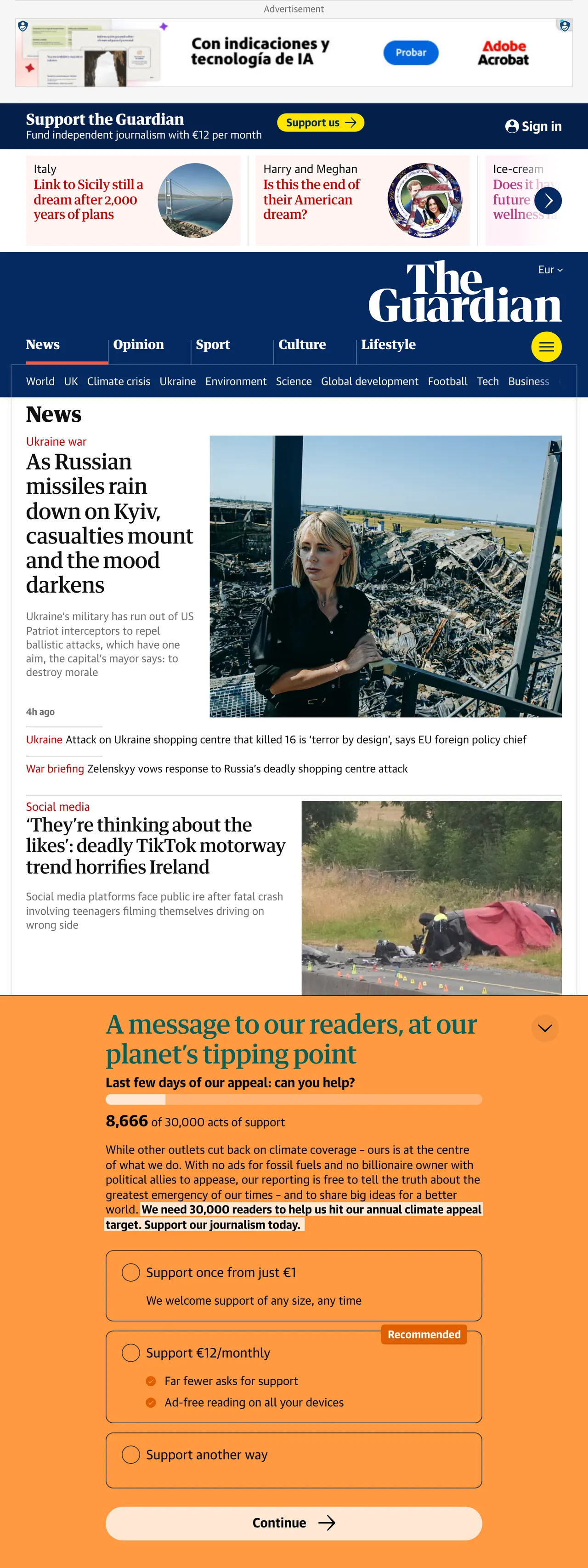 Screenshot of the The Guardian front page