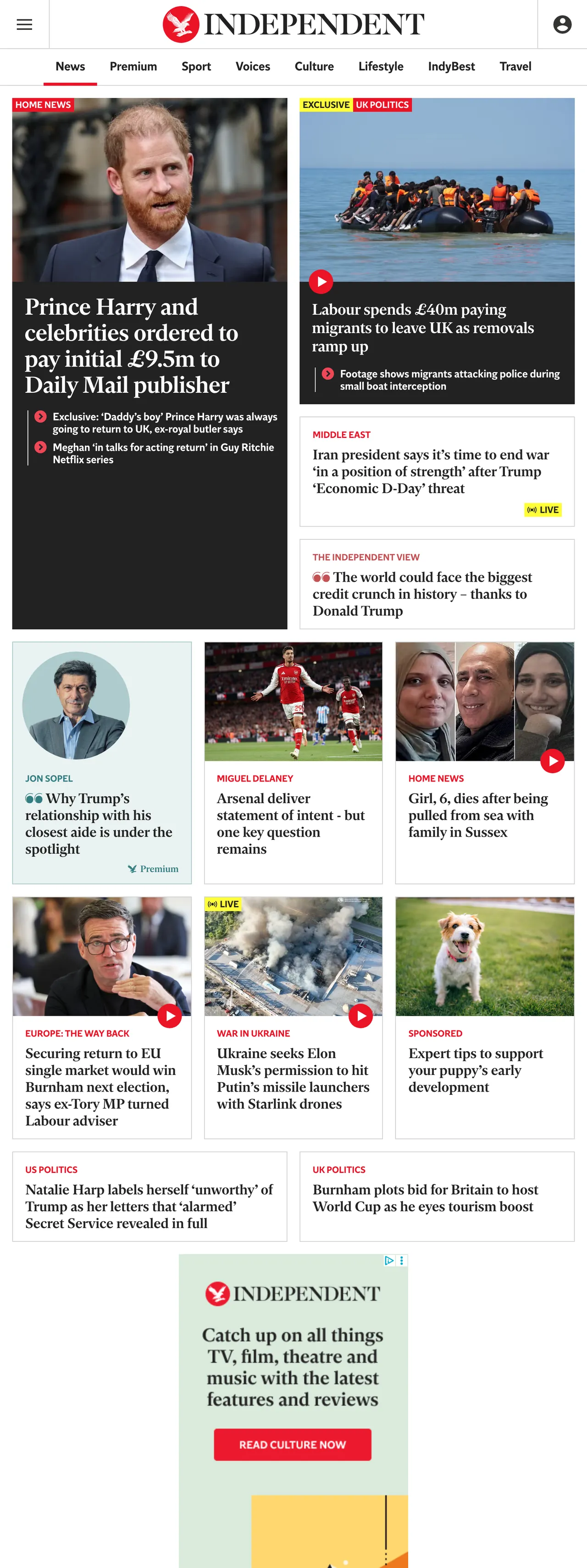 Screenshot of the The Independent front page