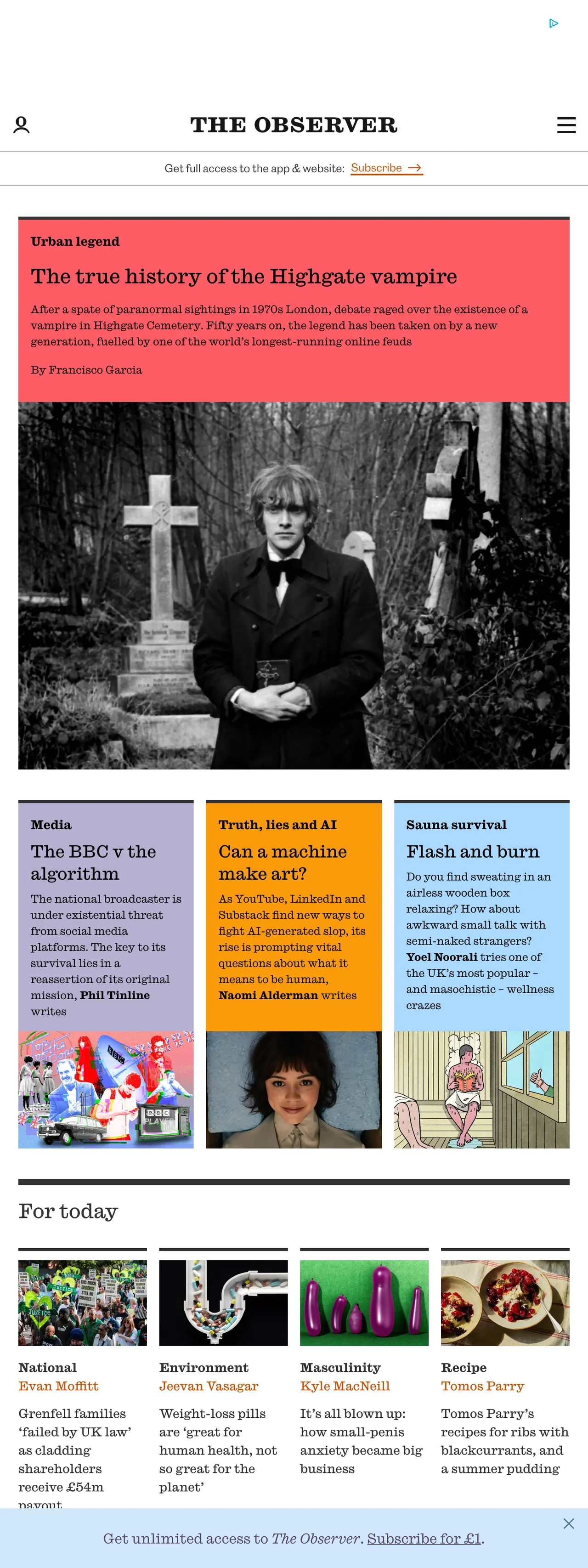 Screenshot of the The Observer front page